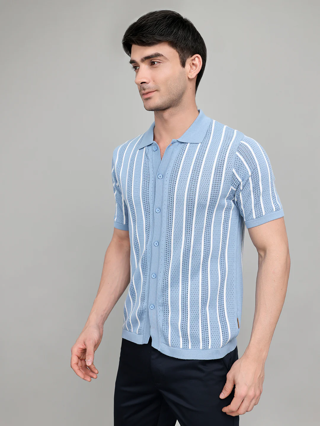 Men Light Blue Self Design Collar Half Sleeve Shirt - Image 2