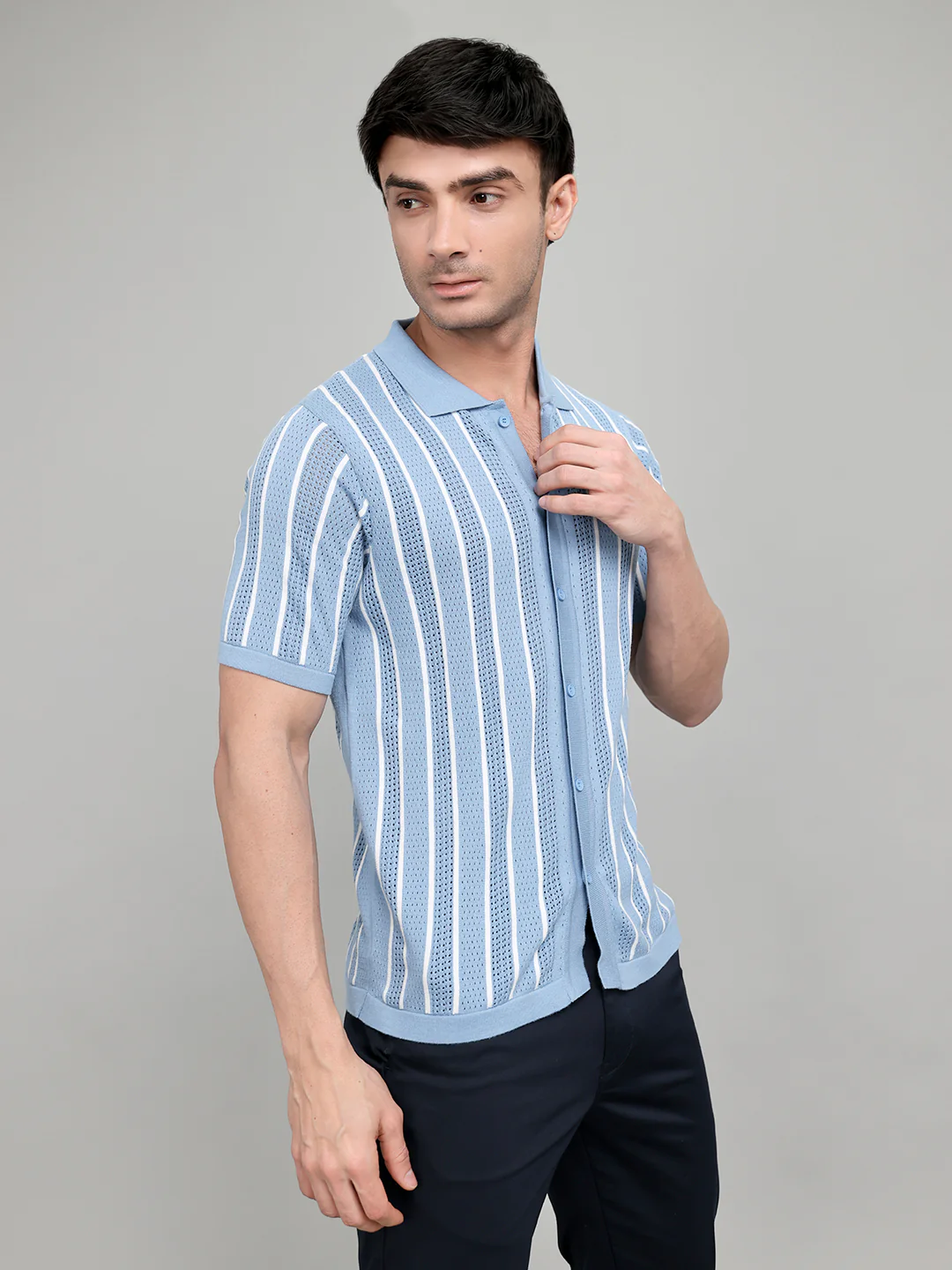 Men Light Blue Self Design Collar Half Sleeve Shirt - Image 3