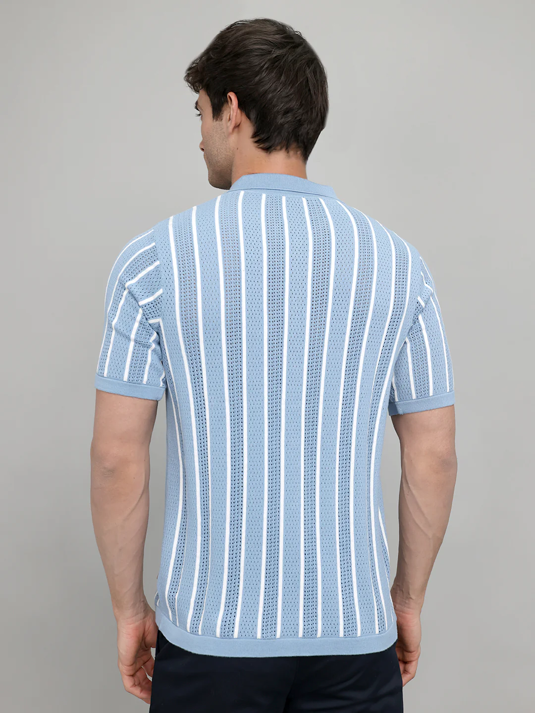 Men Light Blue Self Design Collar Half Sleeve Shirt - Image 5
