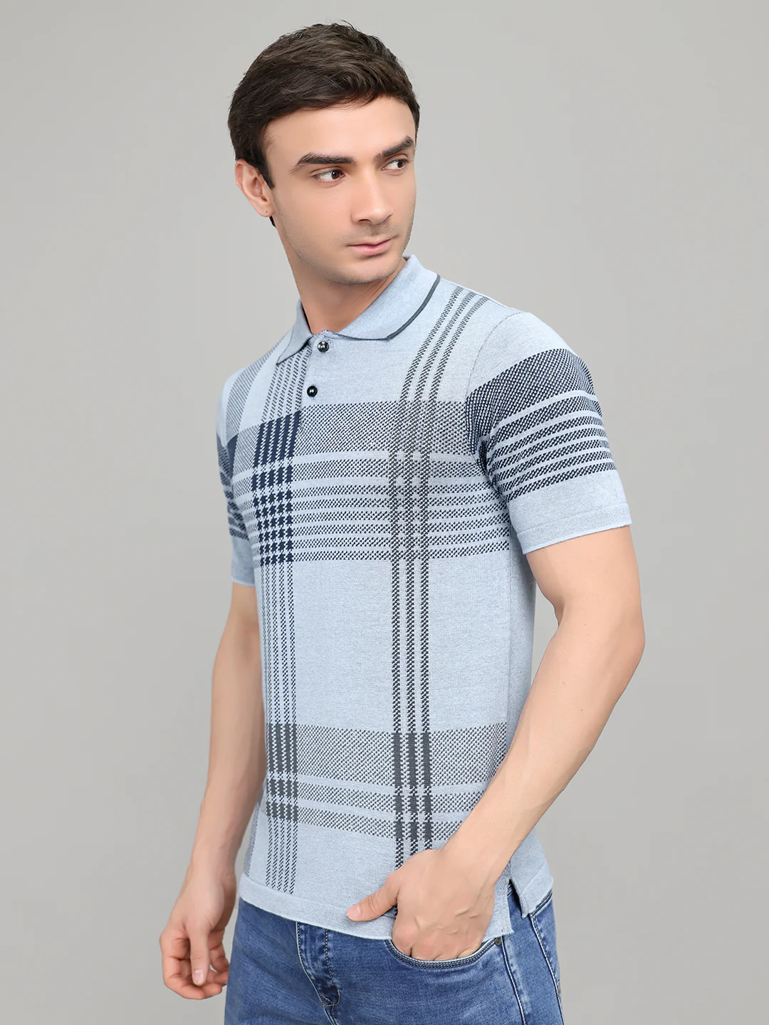 Men Light Blue Self Design Collar Half Sleeve T-Shirt - Image 2