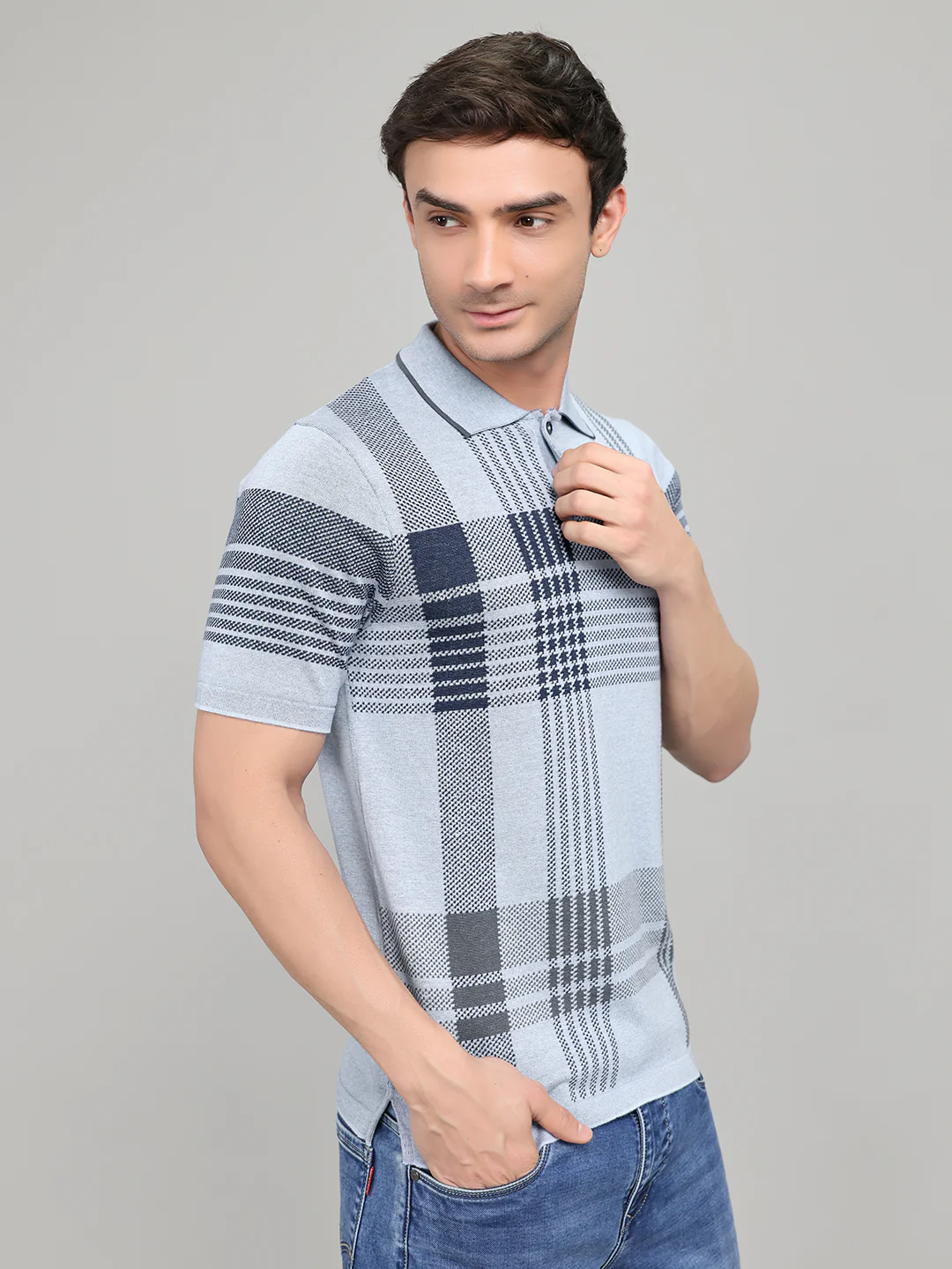 Men Light Blue Self Design Collar Half Sleeve T-Shirt - Image 3
