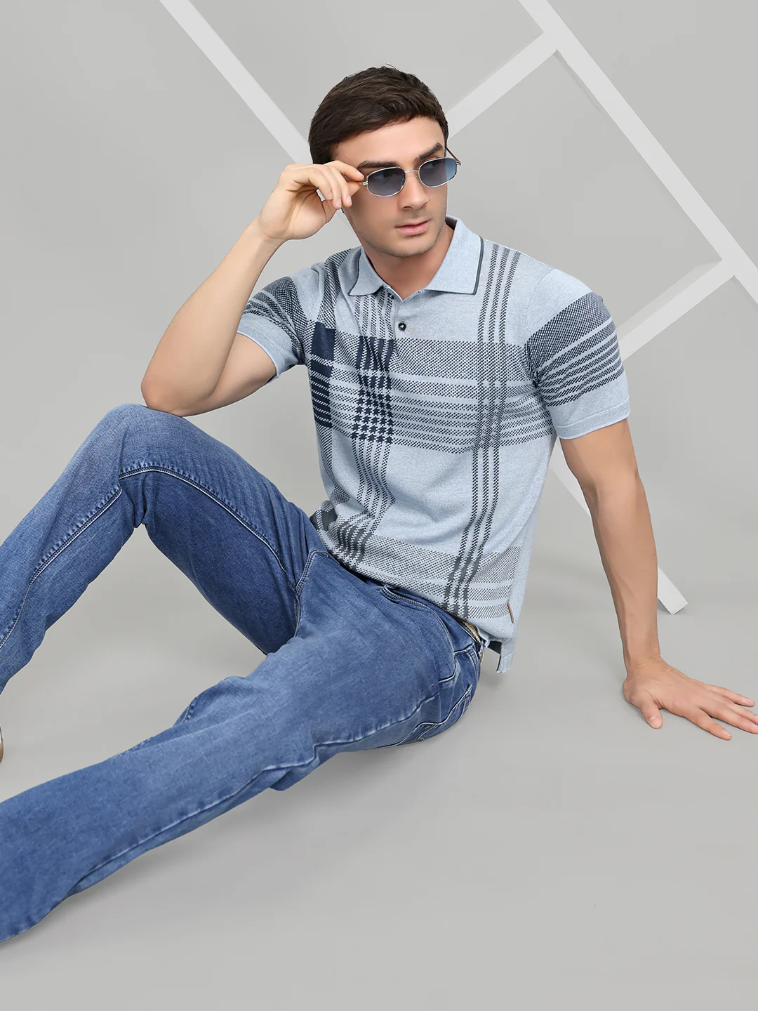 Men Light Blue Self Design Collar Half Sleeve T-Shirt - Image 6