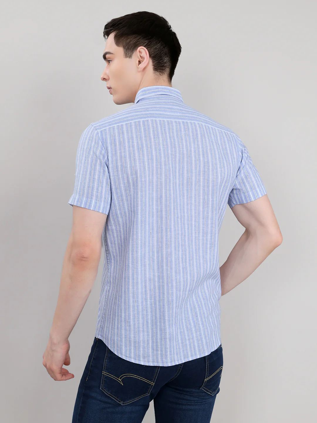 Men Light Blue Stripe Collar Half Sleeve Shirt - Image 4