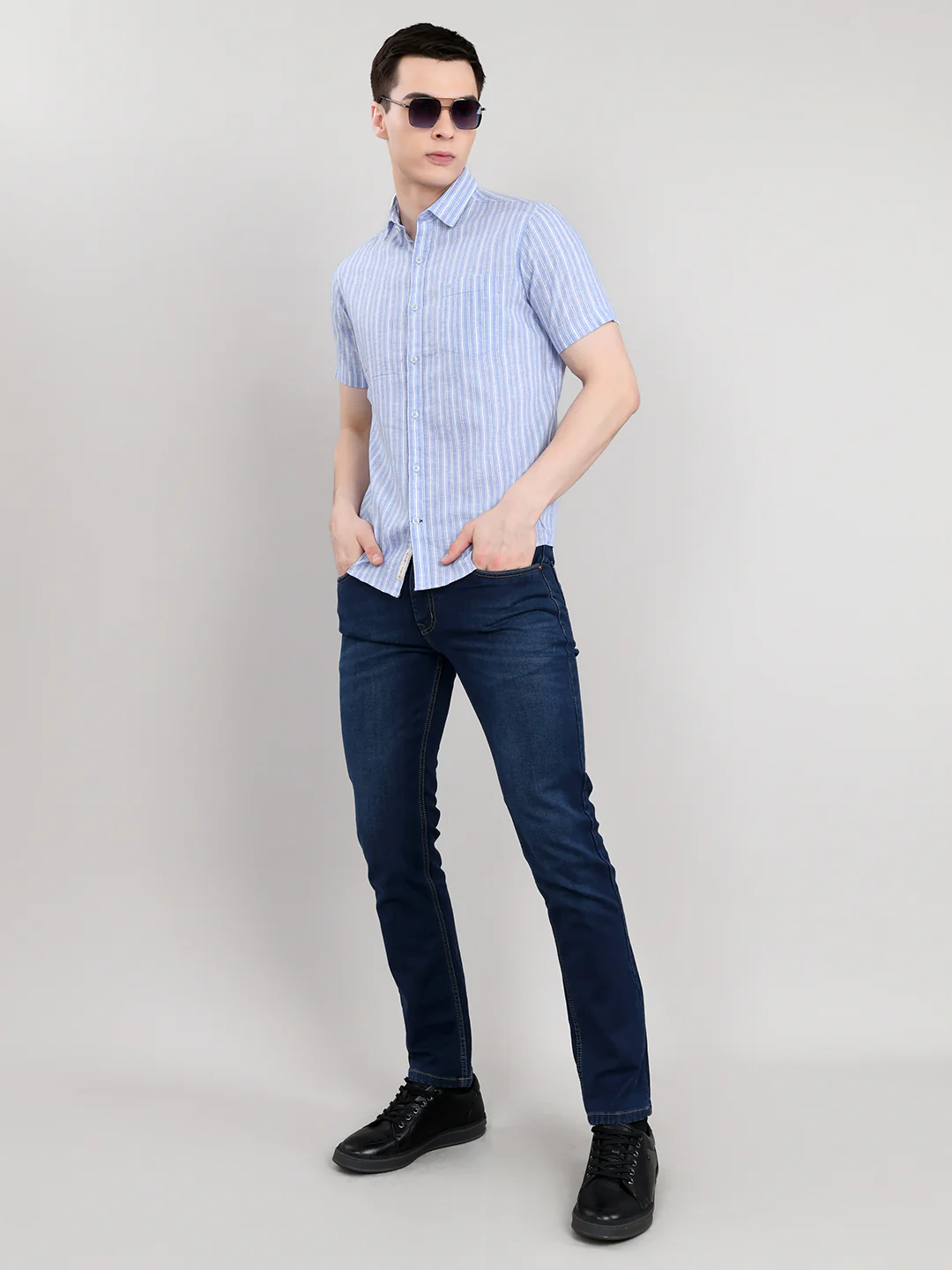 Men Light Blue Stripe Collar Half Sleeve Shirt - Image 6