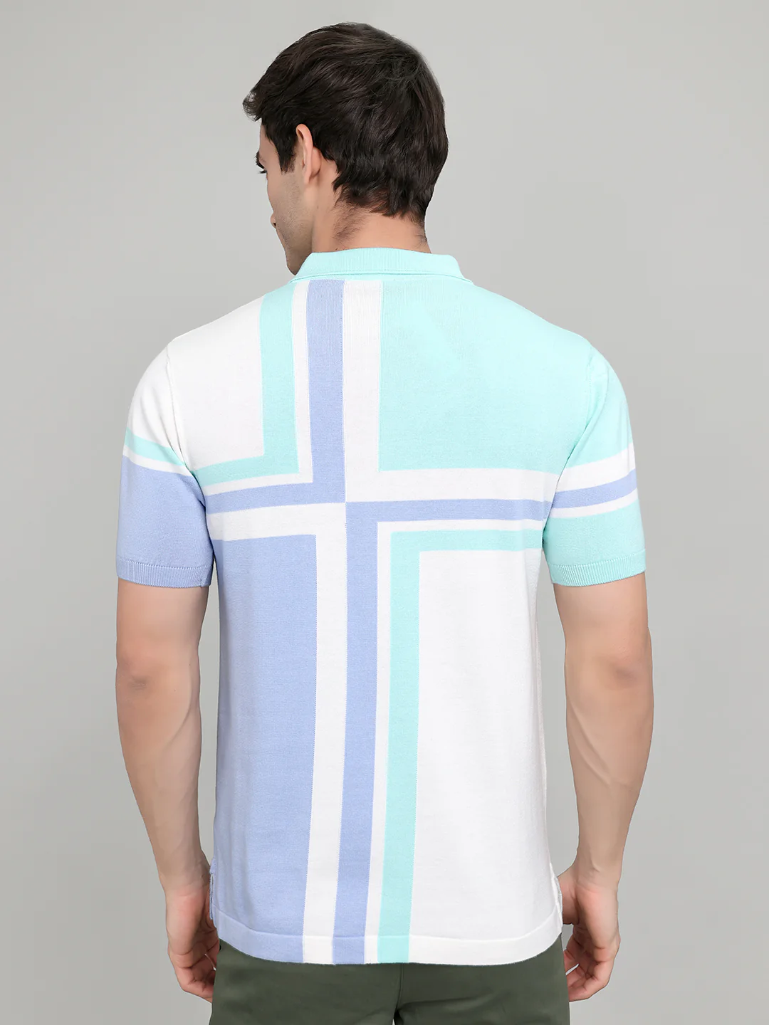 Men Light Blue Stripe Collar Half Sleeve T-Shirt - Image 4