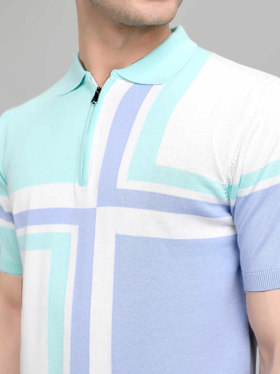 Men Light Blue Stripe Collar Half Sleeve T-Shirt - Image 5