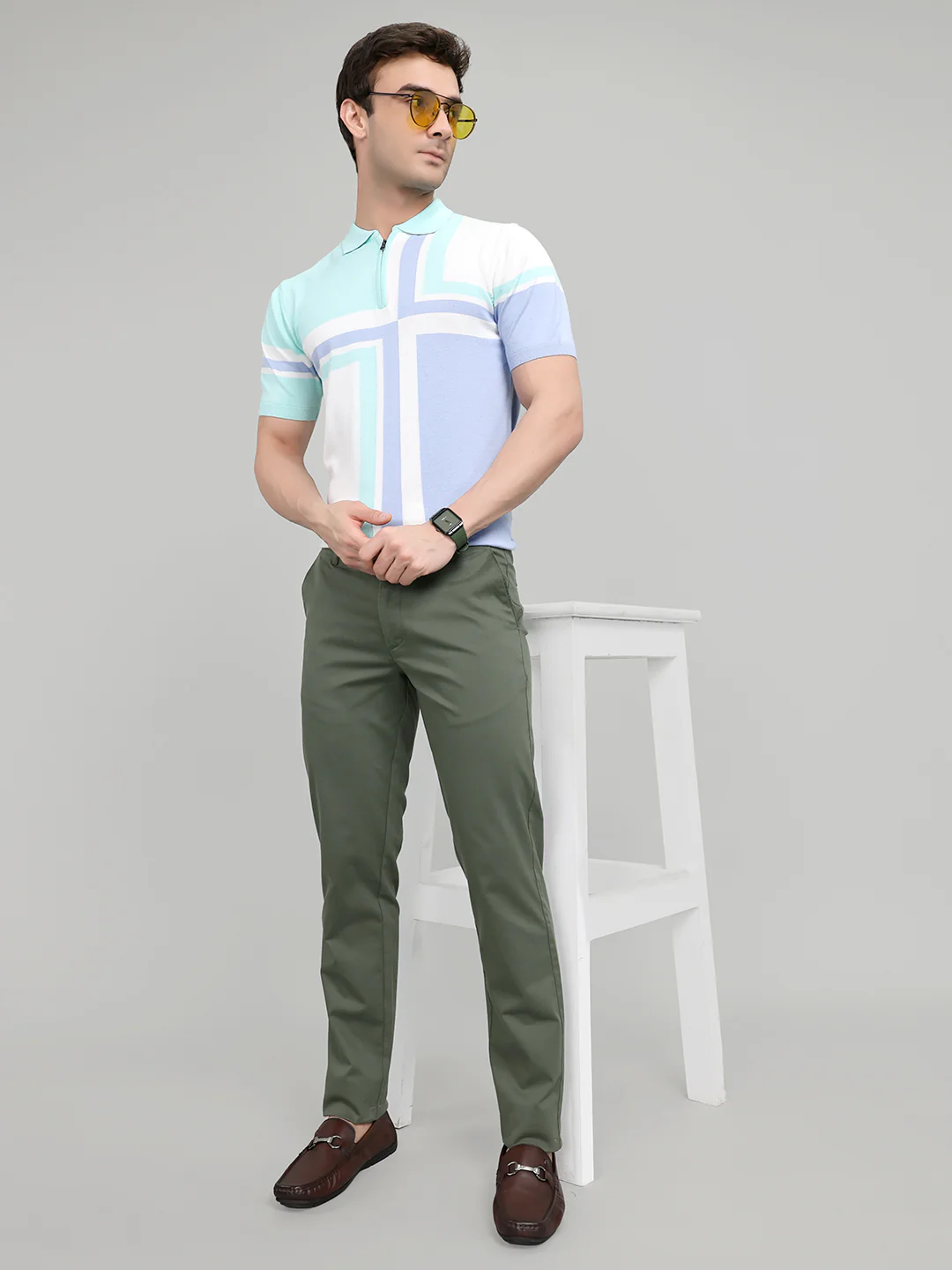 Men Light Blue Stripe Collar Half Sleeve T-Shirt - Image 6