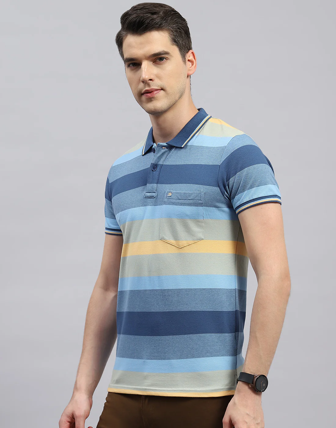 Men Light Blue Stripe Polo Collar Half Sleeve T-Shirt - Image 3