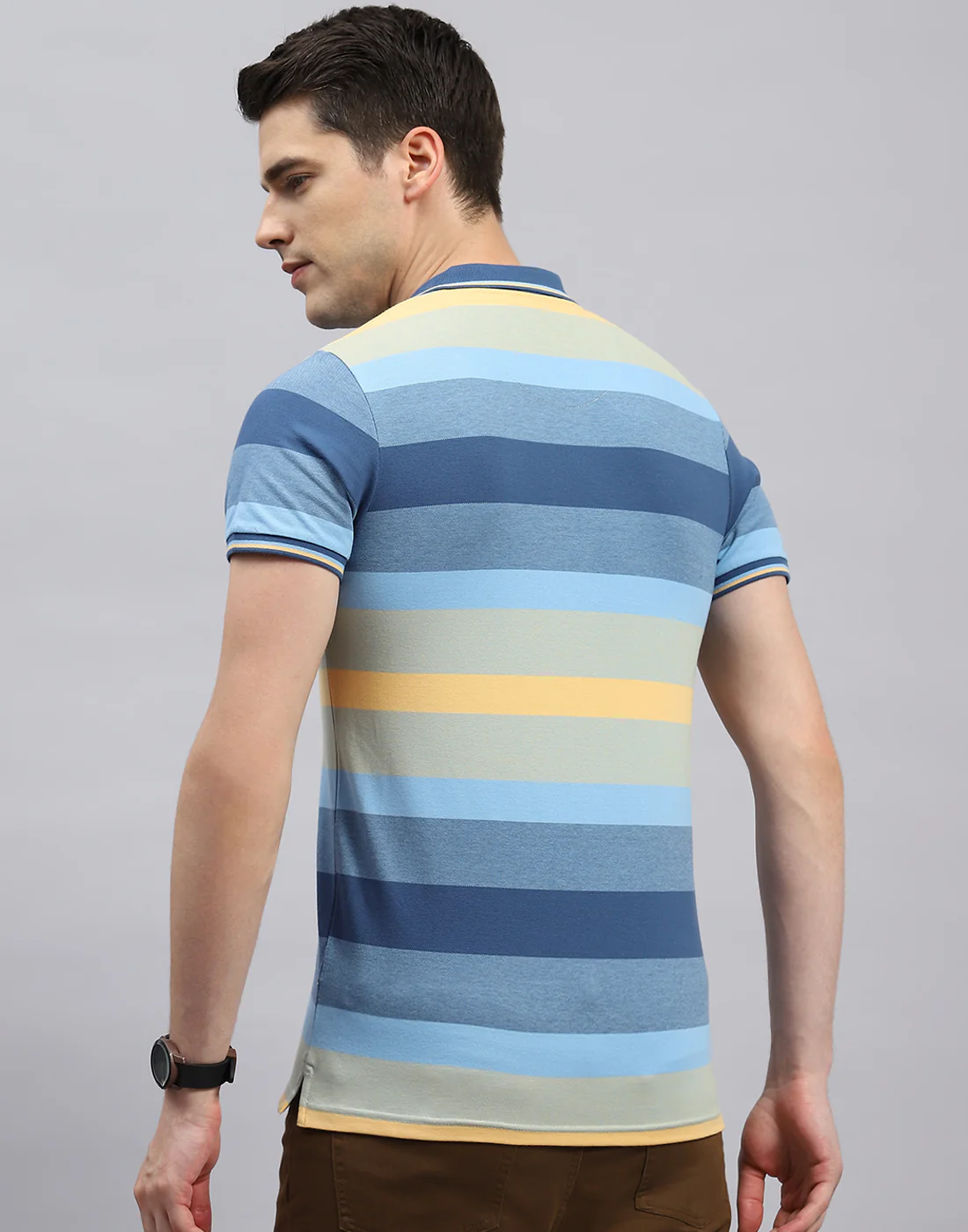 Men Light Blue Stripe Polo Collar Half Sleeve T-Shirt - Image 5