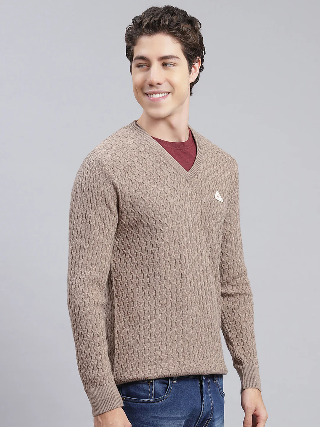 Men Light Brown Self Design Wool blend Pullover - Image 3