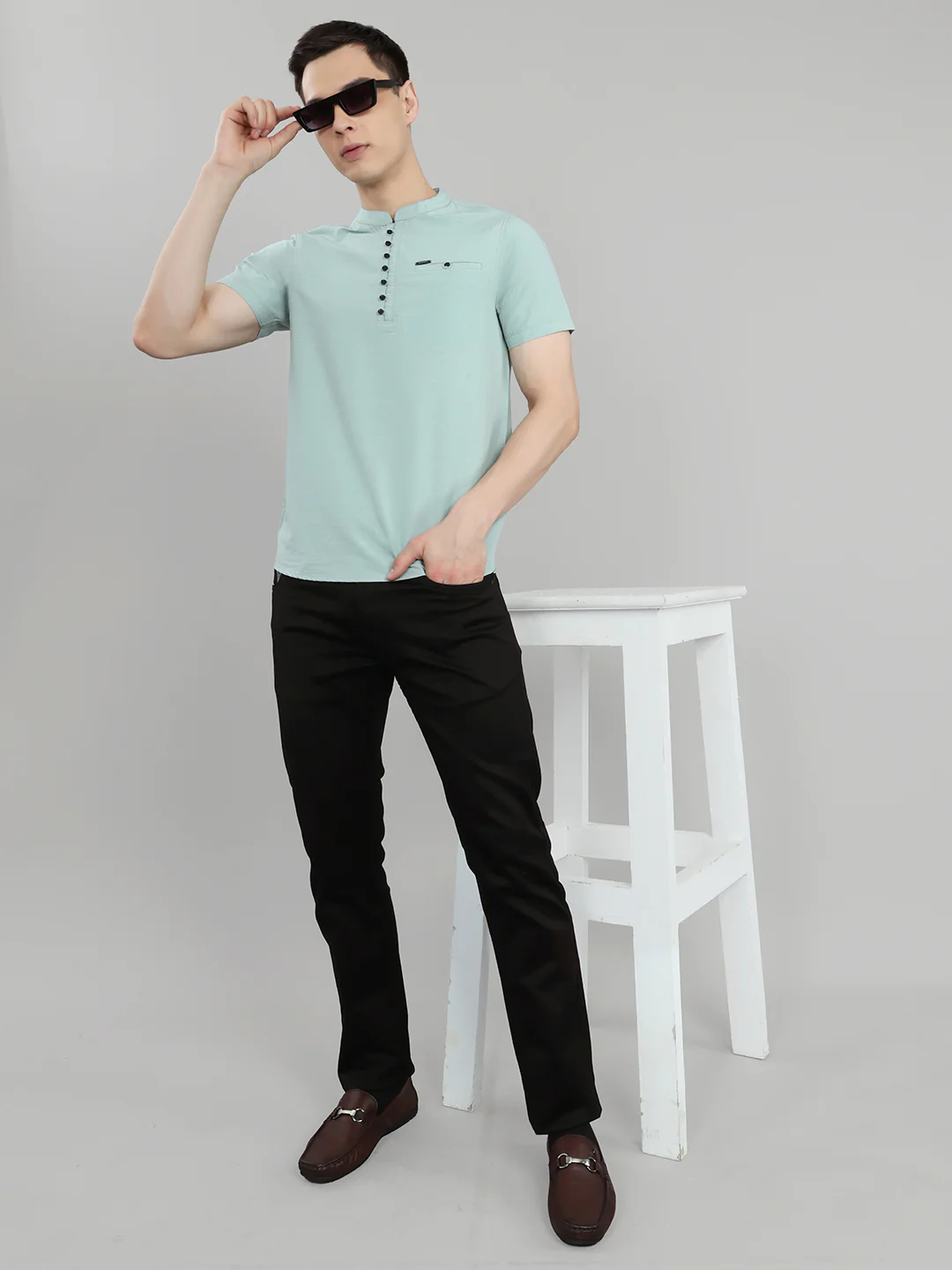 Men Light Green Solid Henley Neck Half Sleeve Kurta - Image 6