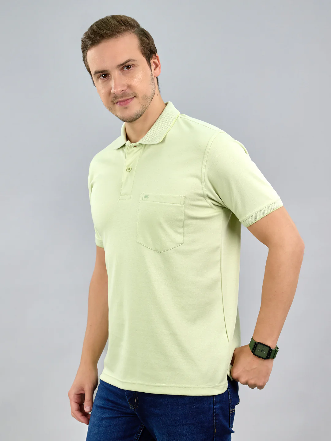 Men Lime Green Solid Polo Collar Half Sleeve T-Shirt - Image 2