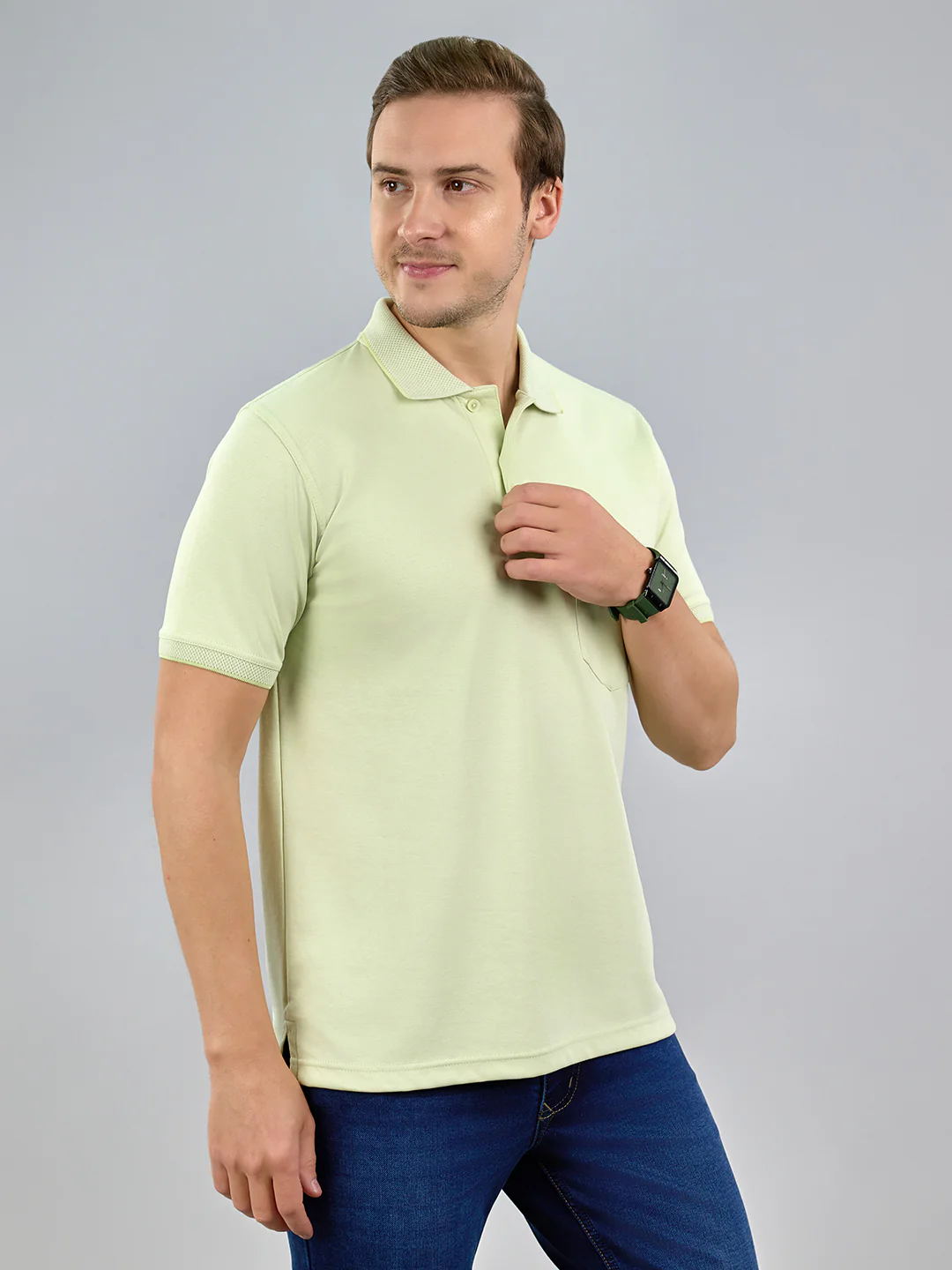 Men Lime Green Solid Polo Collar Half Sleeve T-Shirt - Image 3