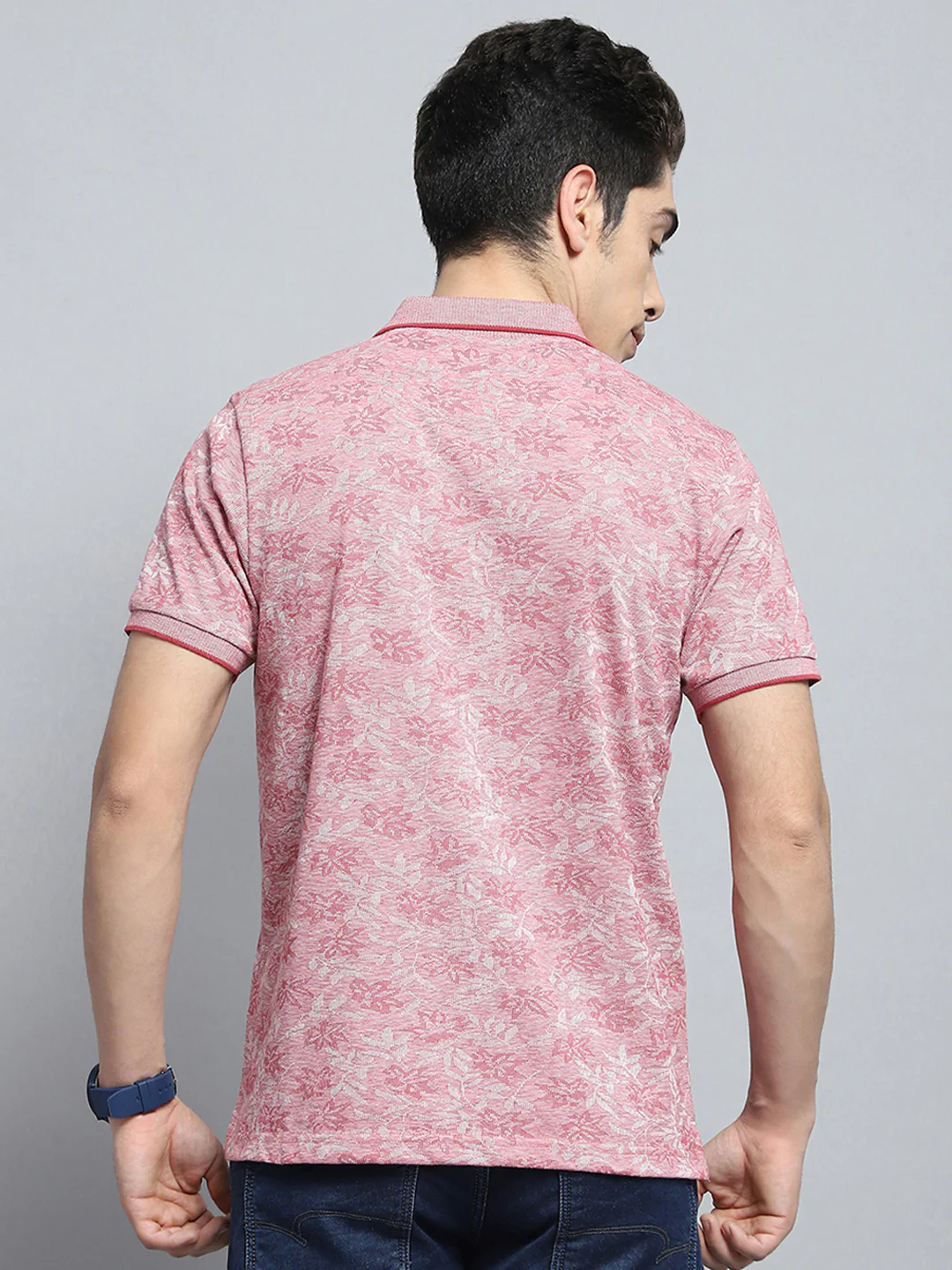 Men Magenta Stripe Collar Half Sleeve T-Shirt - Image 5