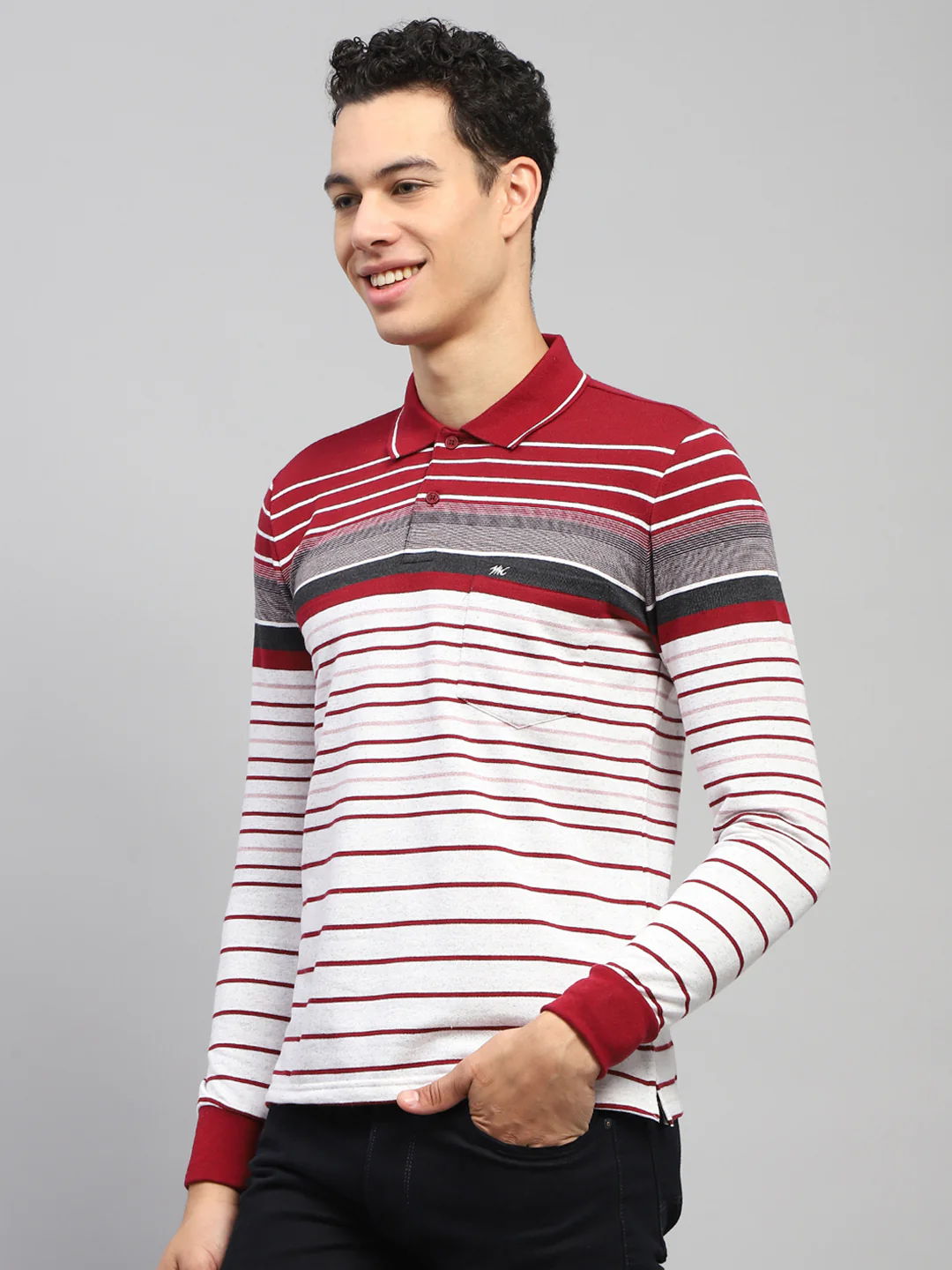 Men Maroo & White Stripe Collar Full Sleeve Winter T-Shirt - Image 3