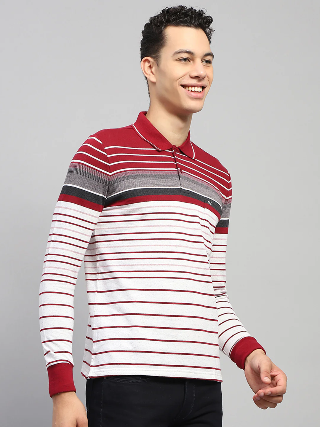 Men Maroo & White Stripe Collar Full Sleeve Winter T-Shirt - Image 4