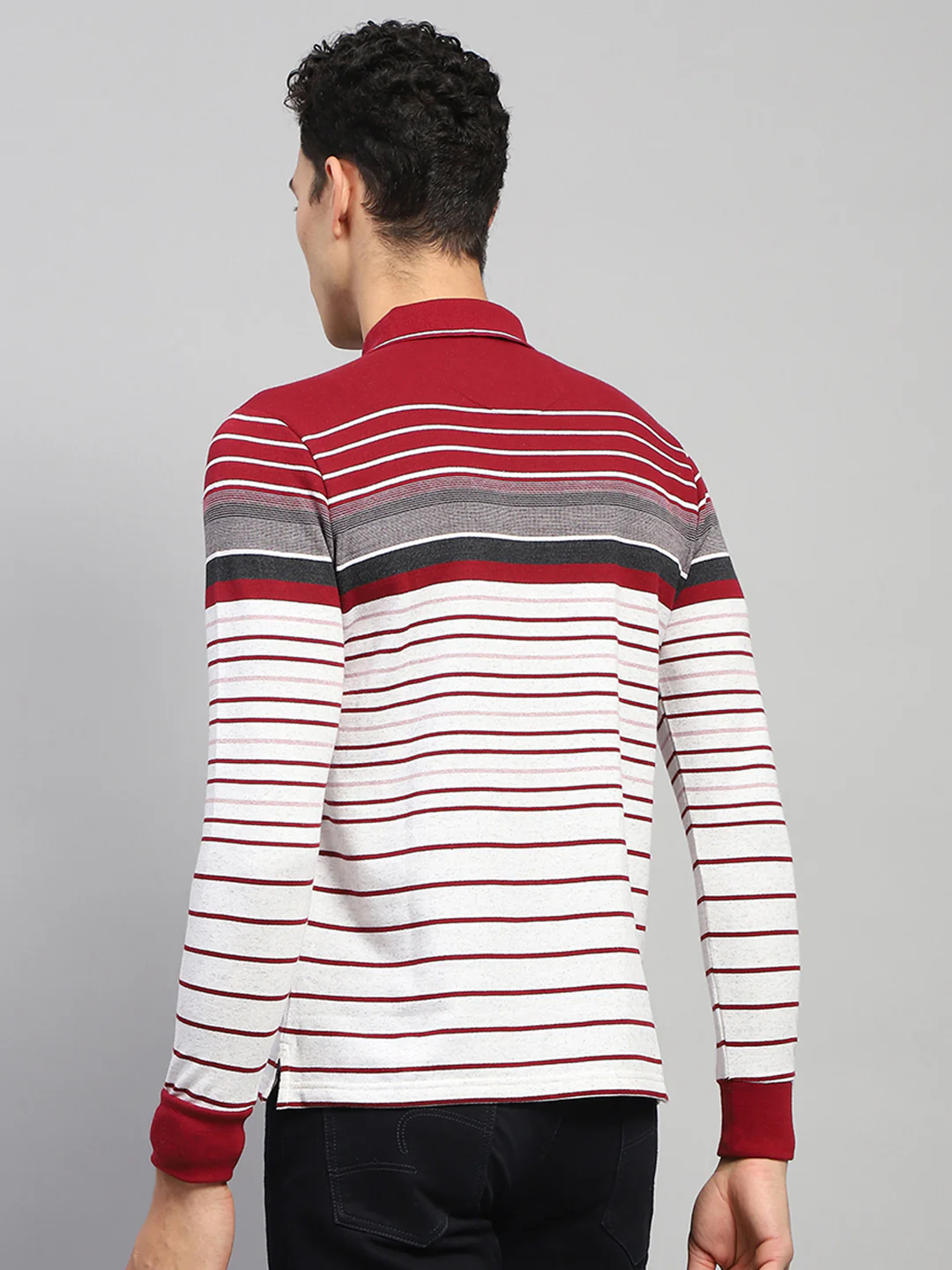 Men Maroo & White Stripe Collar Full Sleeve Winter T-Shirt - Image 5