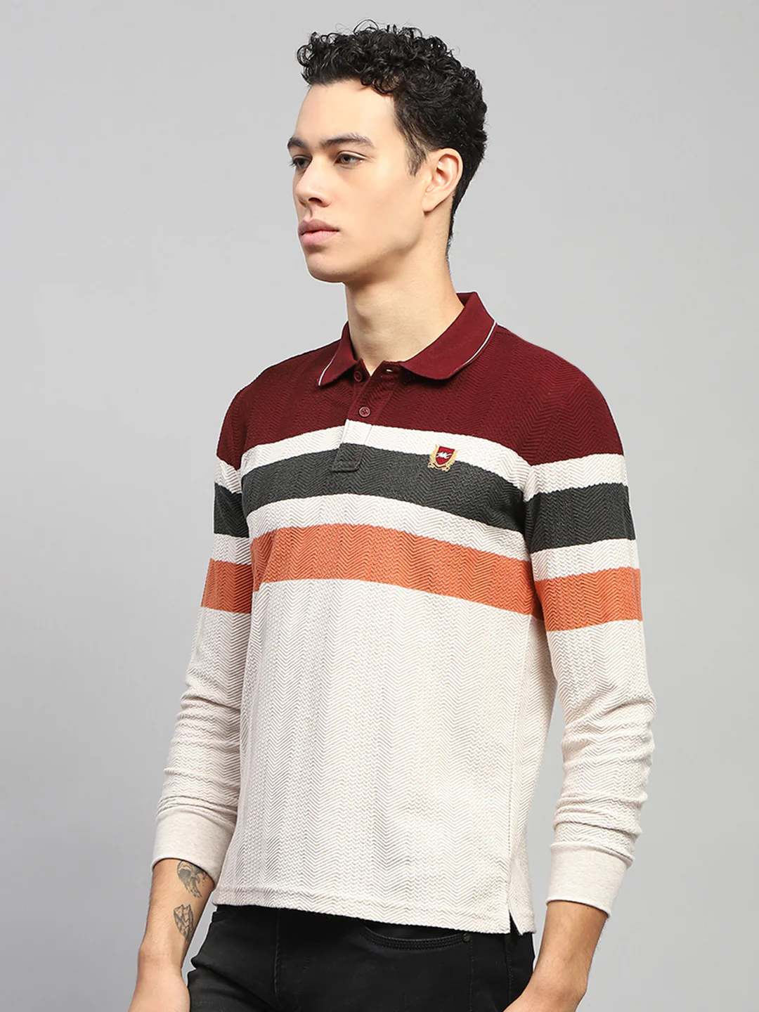 Men Maroo & White Stripe Collar Full Sleeve Winter T-Shirt - Image 3