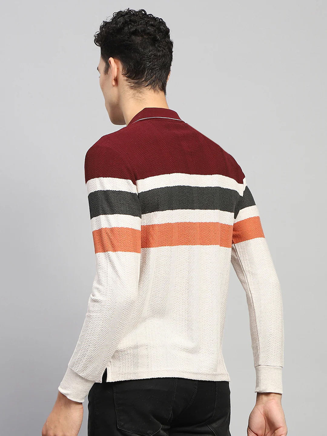 Men Maroo & White Stripe Collar Full Sleeve Winter T-Shirt - Image 5