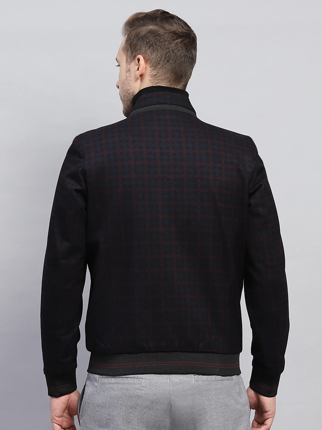Men Maroon & Black Check Mock Neck Full Sleeve Jacket - Image 5
