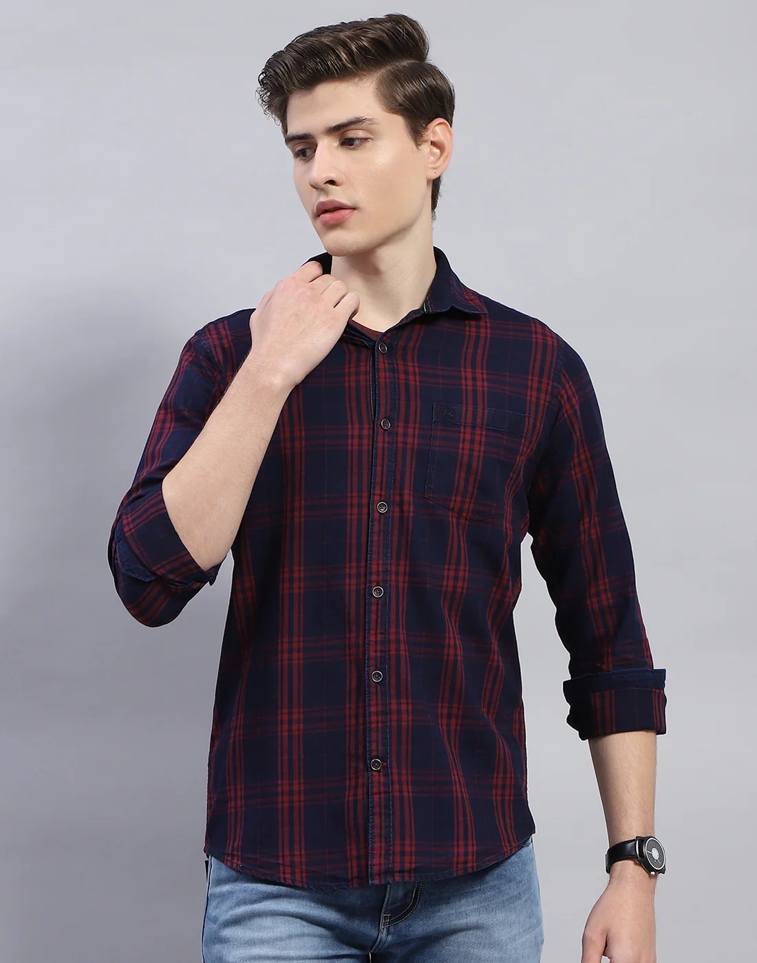 Men Maroon Check Collar Full Sleeve Shirt - Image 2