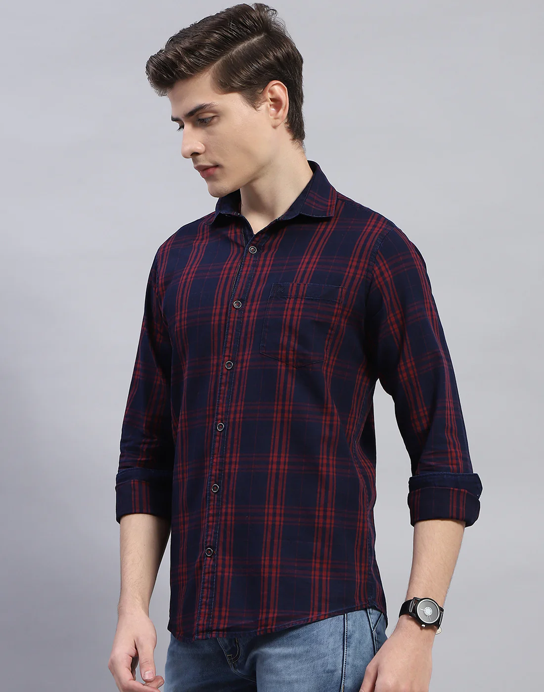 Men Maroon Check Collar Full Sleeve Shirt - Image 3