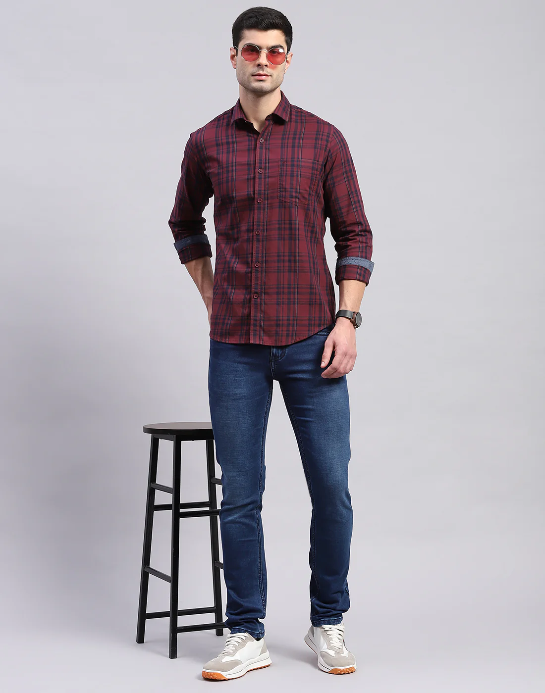 Men Maroon Check Collar Full Sleeve Shirt - Image 2