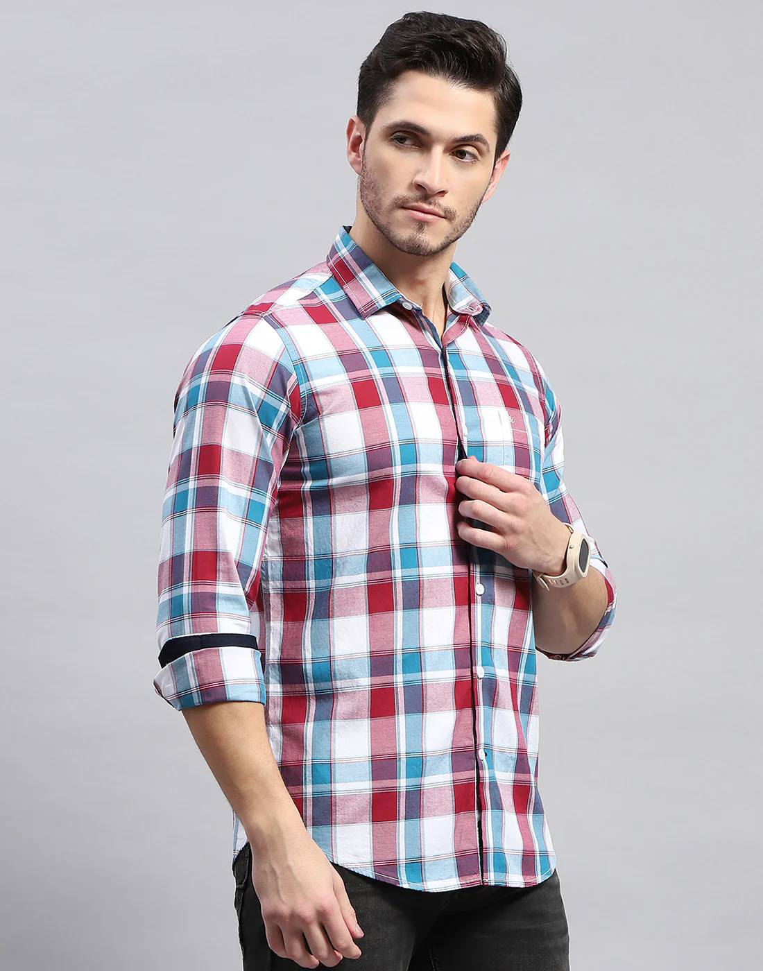 Men Maroon Check Collar Full Sleeve Shirt - Image 4