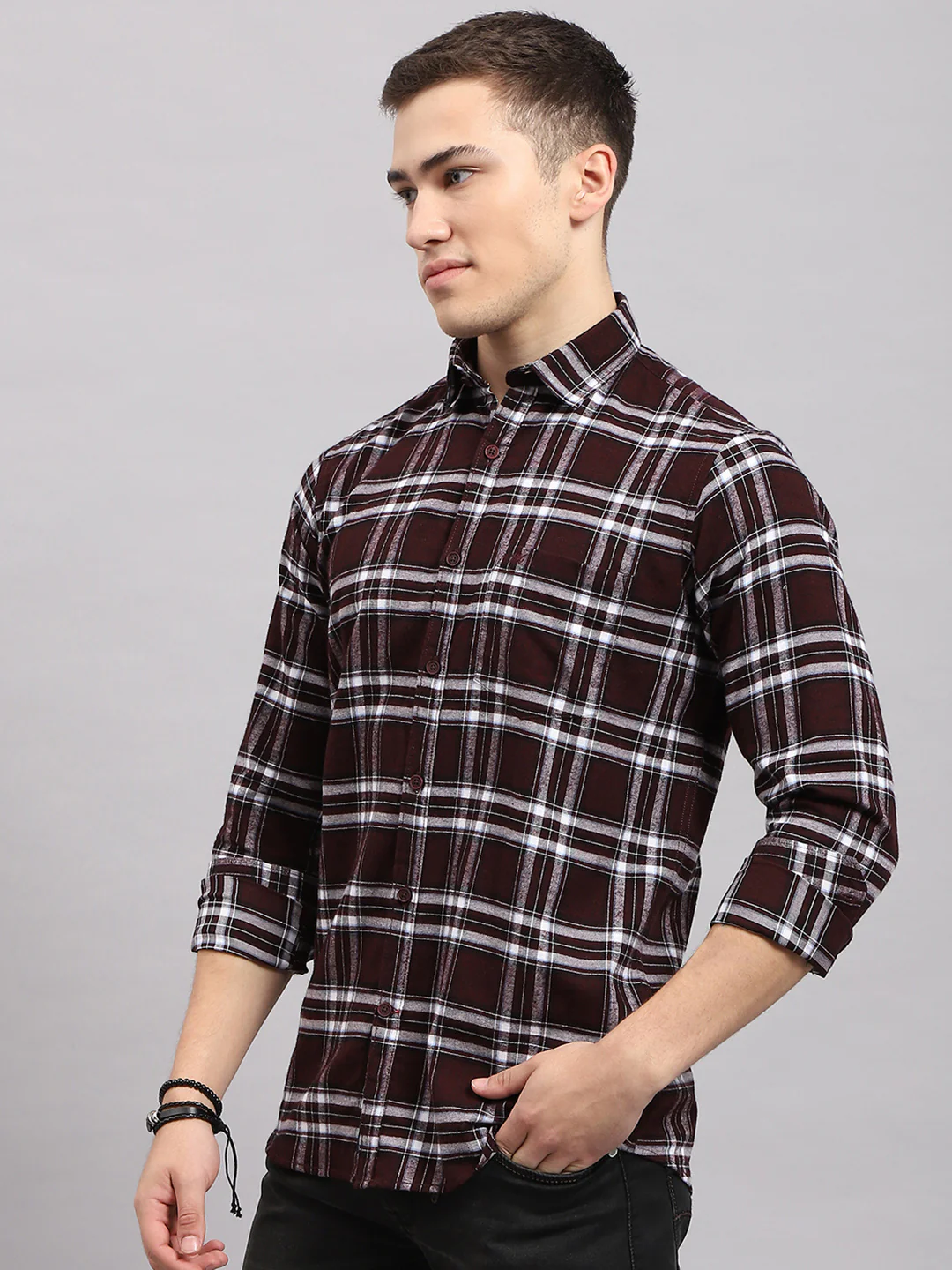 Men Maroon Check Collar Full Sleeve Shirt - Image 3