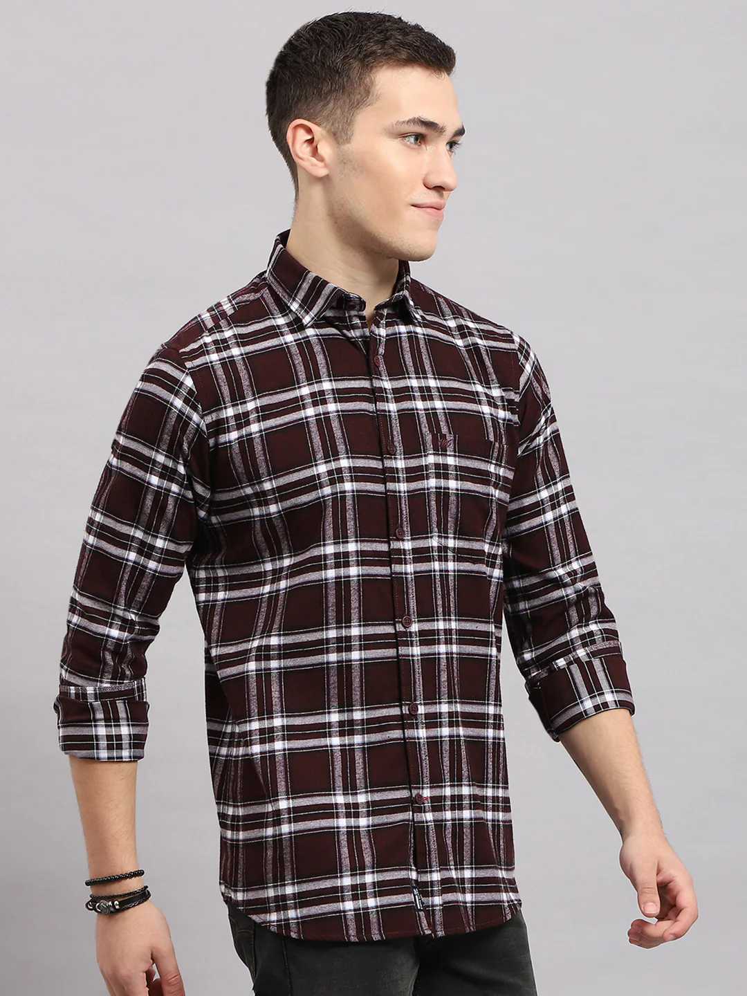 Men Maroon Check Collar Full Sleeve Shirt - Image 4