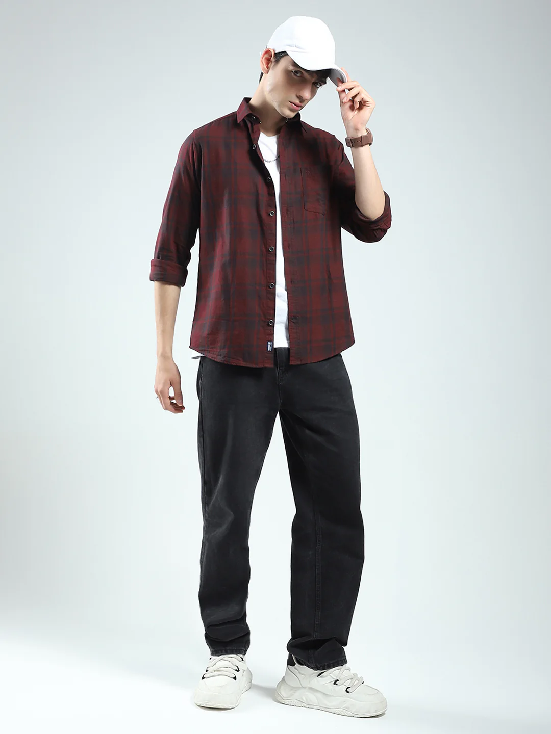 Men Maroon Check Collar Full Sleeve Shirt - Image 2