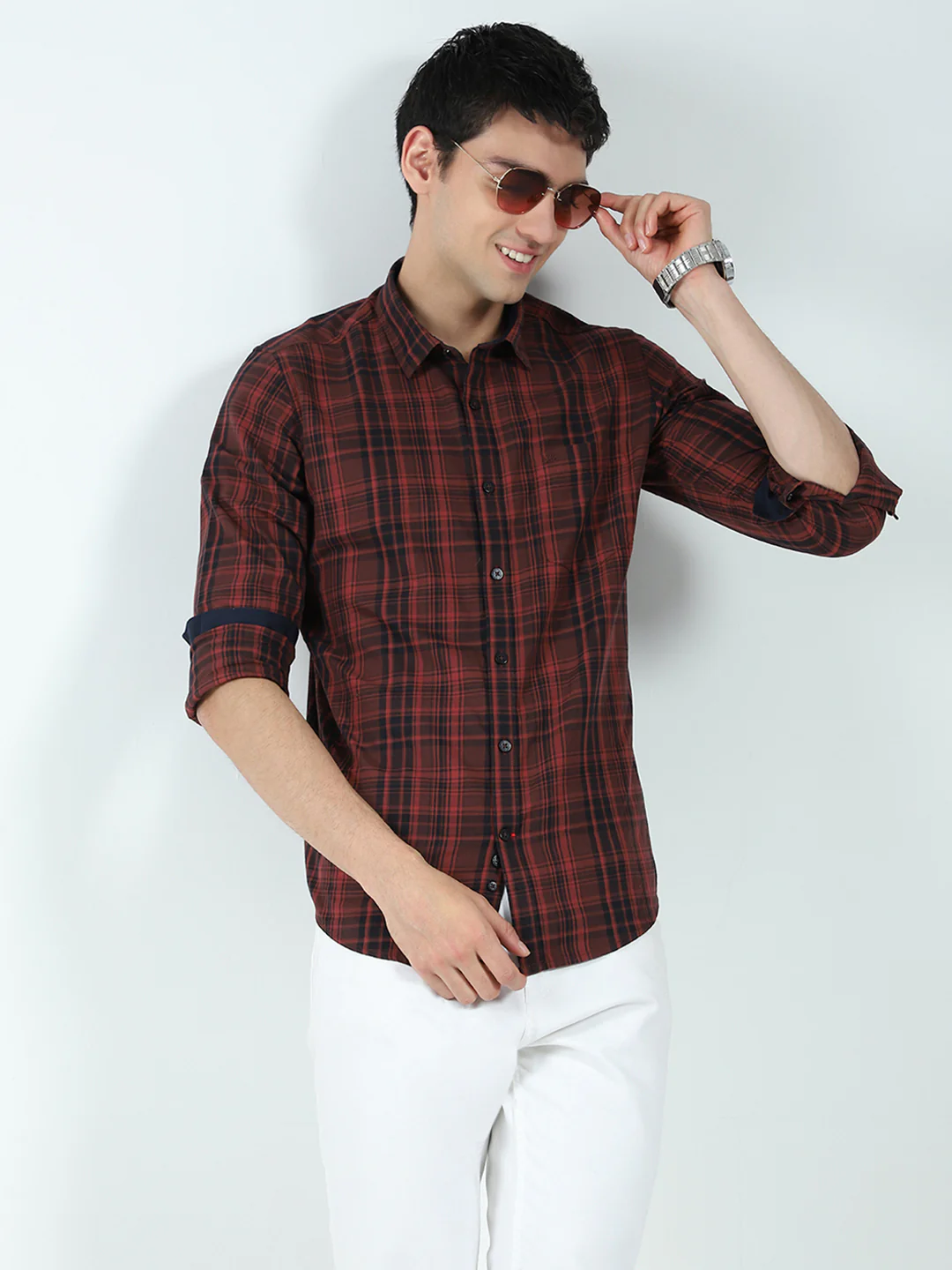 Men Maroon Check Collar Full Sleeve Shirt - Image 6