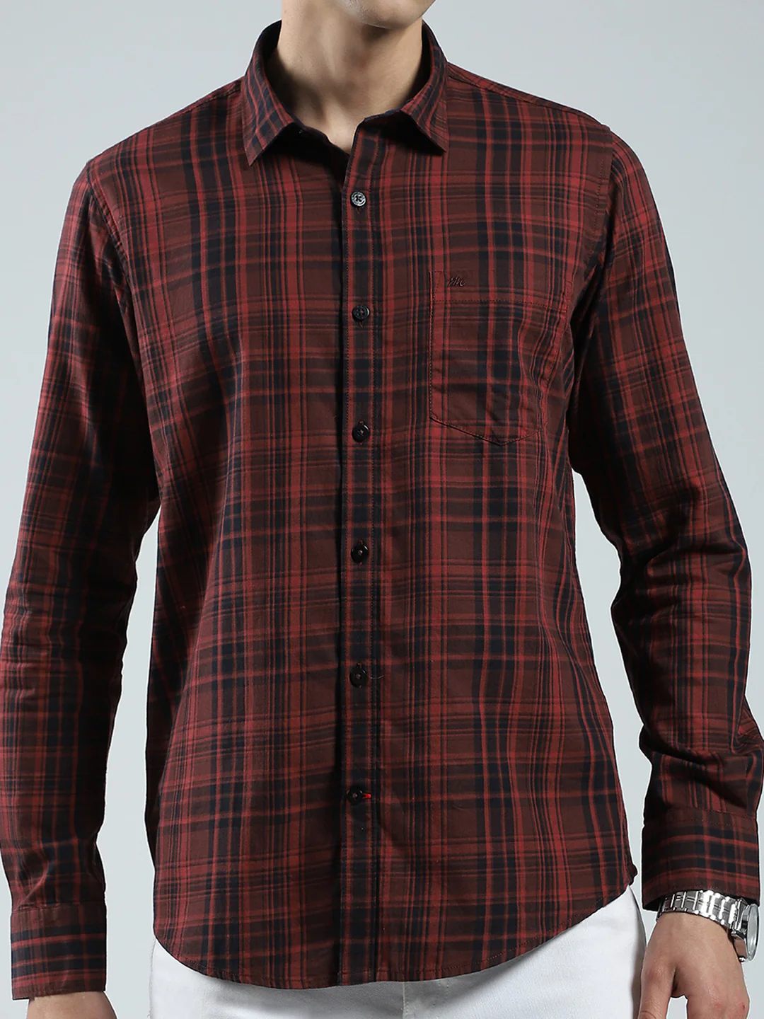 Men Maroon Check Collar Full Sleeve Shirt - Image 7
