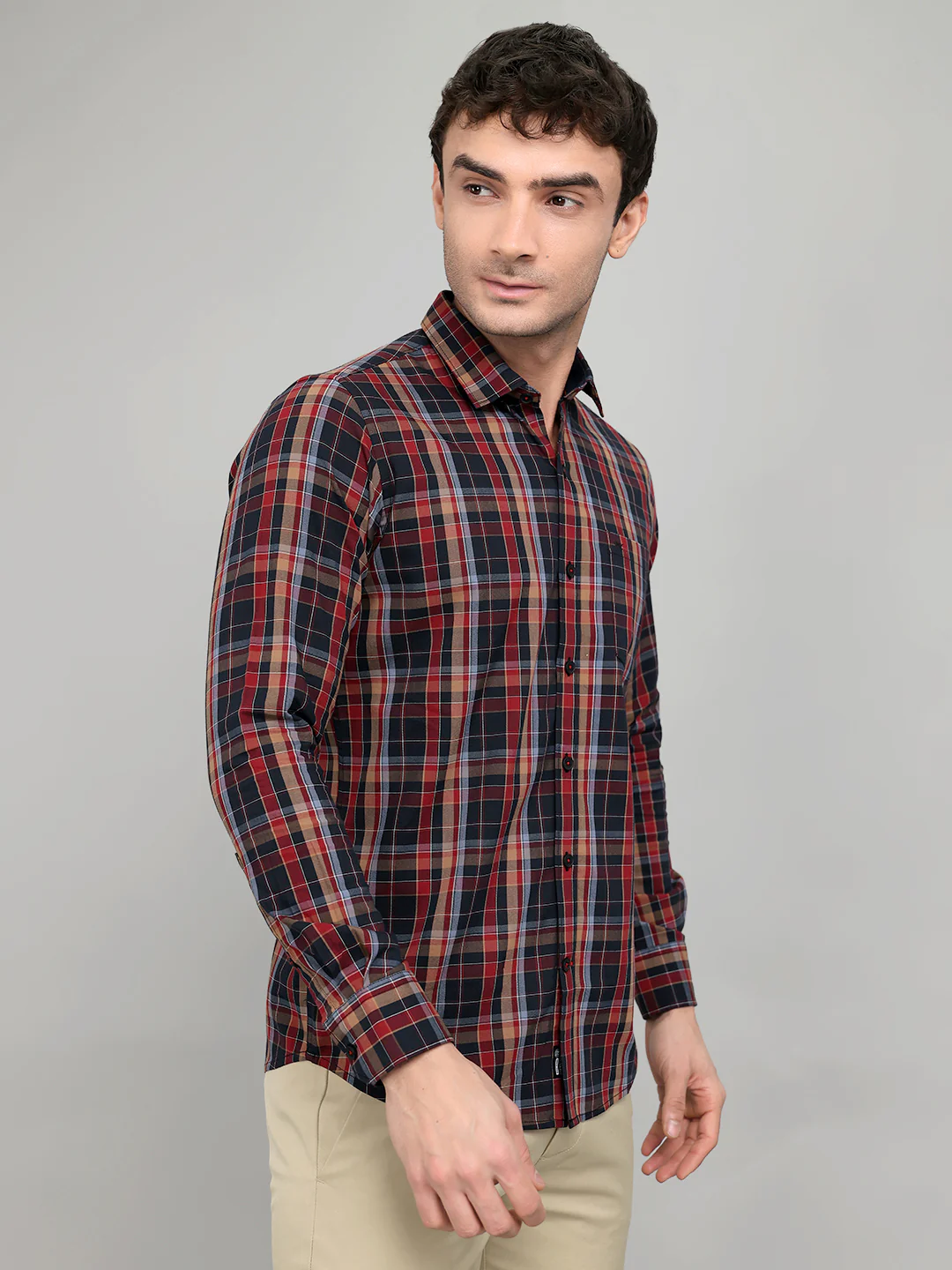 Men Maroon Check Collar Full Sleeve Shirt - Image 3