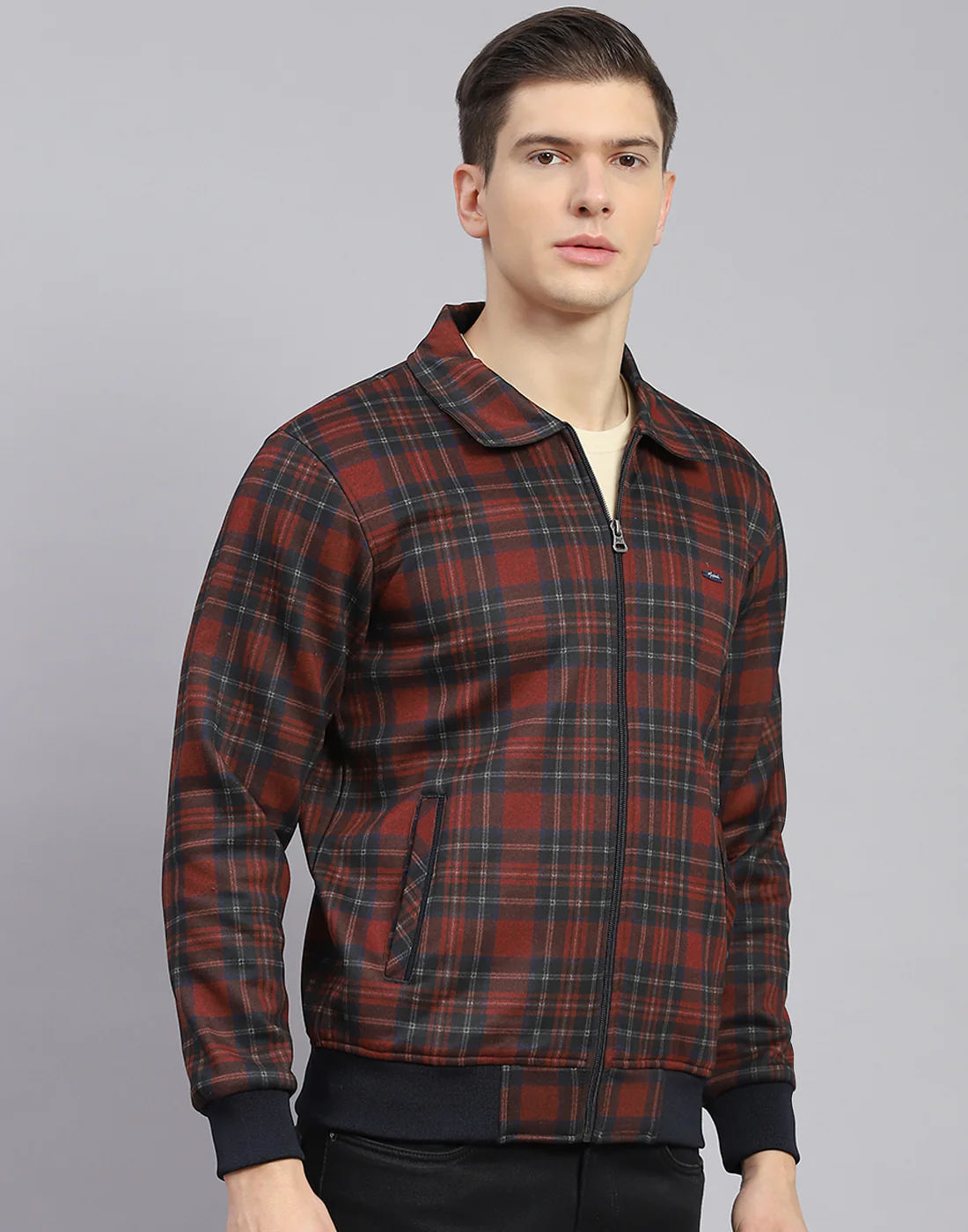 Men Maroon Check Collar Full Sleeve Sweatshirt - Image 6