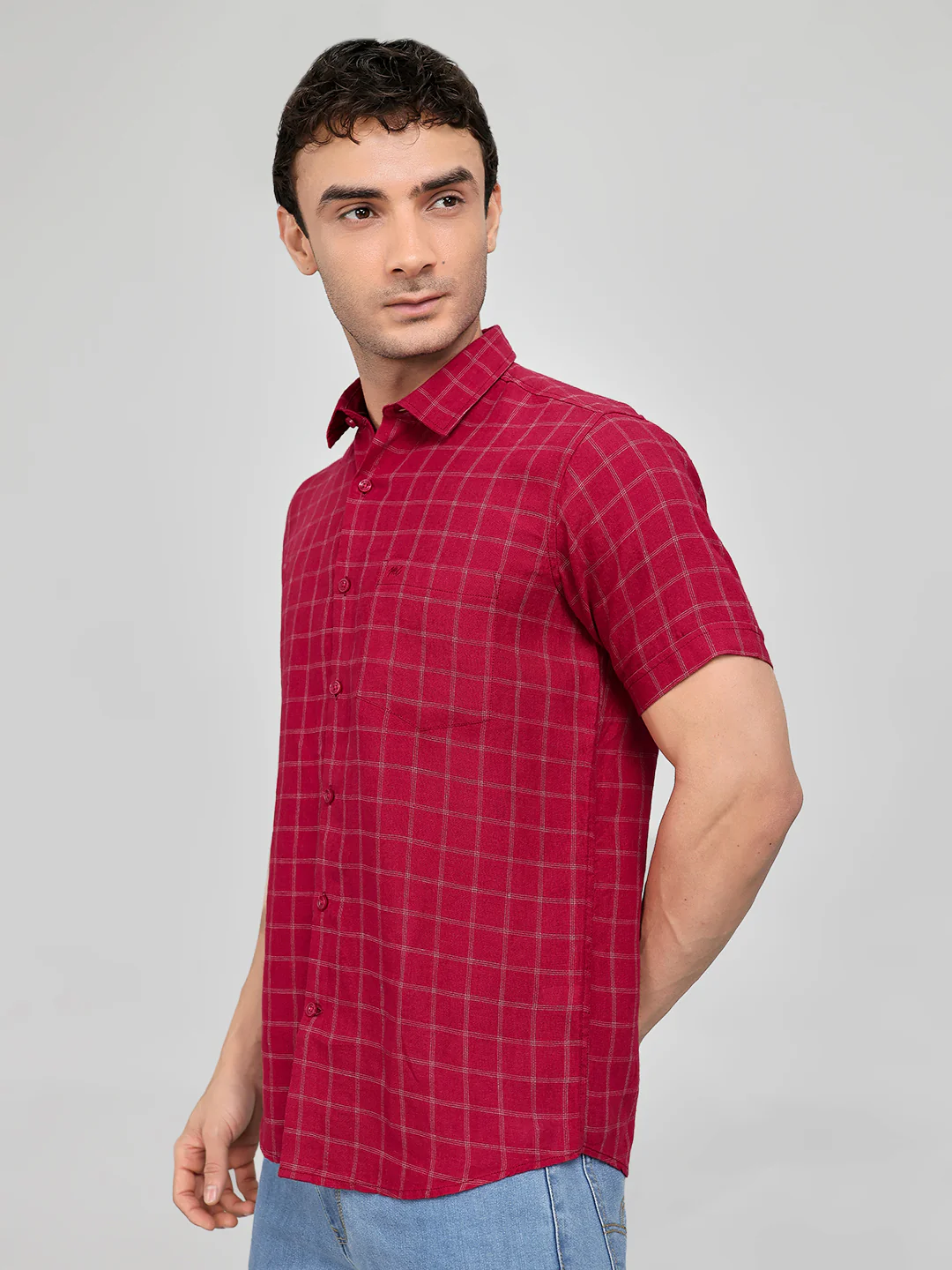 Men Maroon Check Collar Half Sleeve Shirt - Image 2