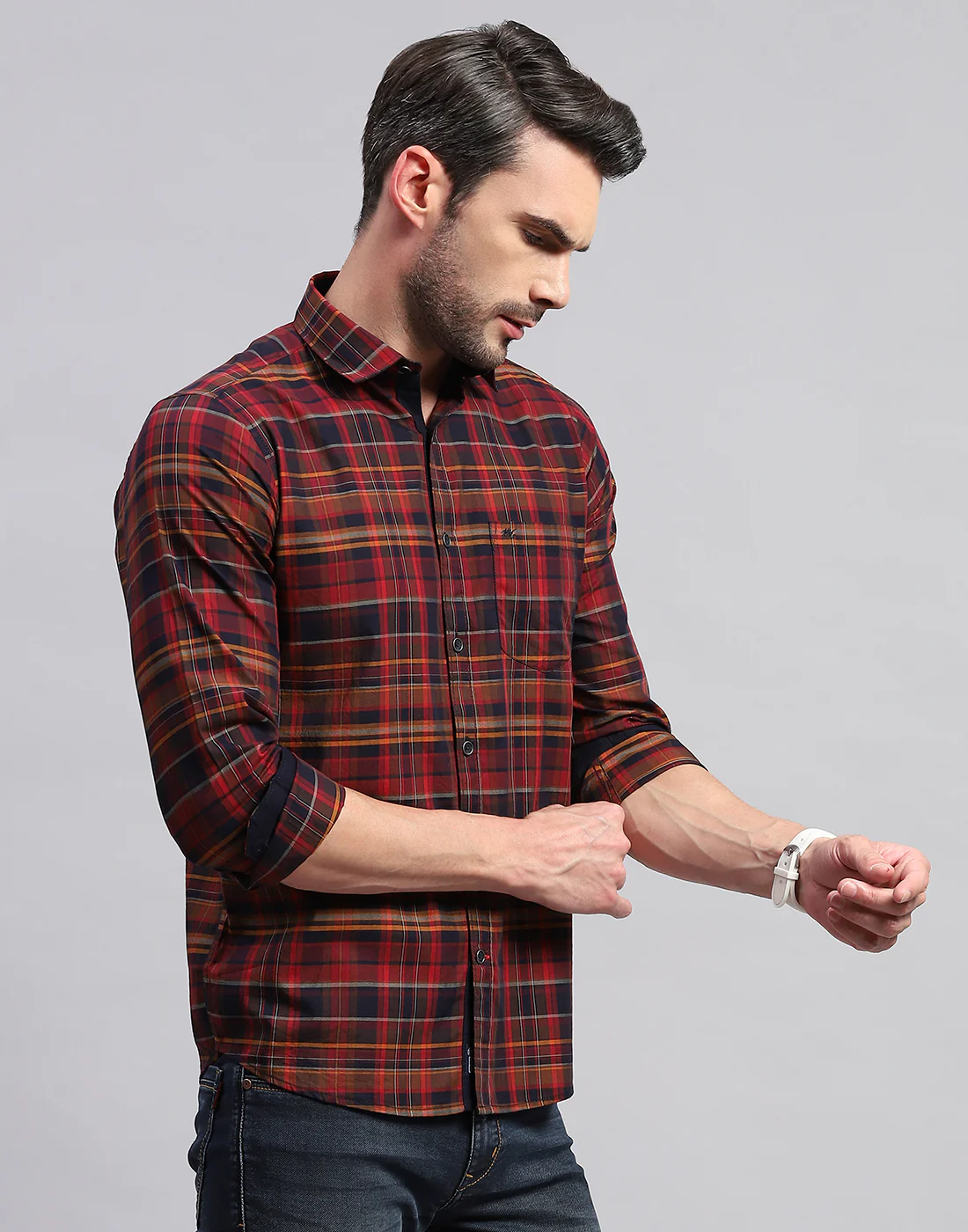 Men Maroon Check Collar Neck Full Sleeve Shirt - Image 4