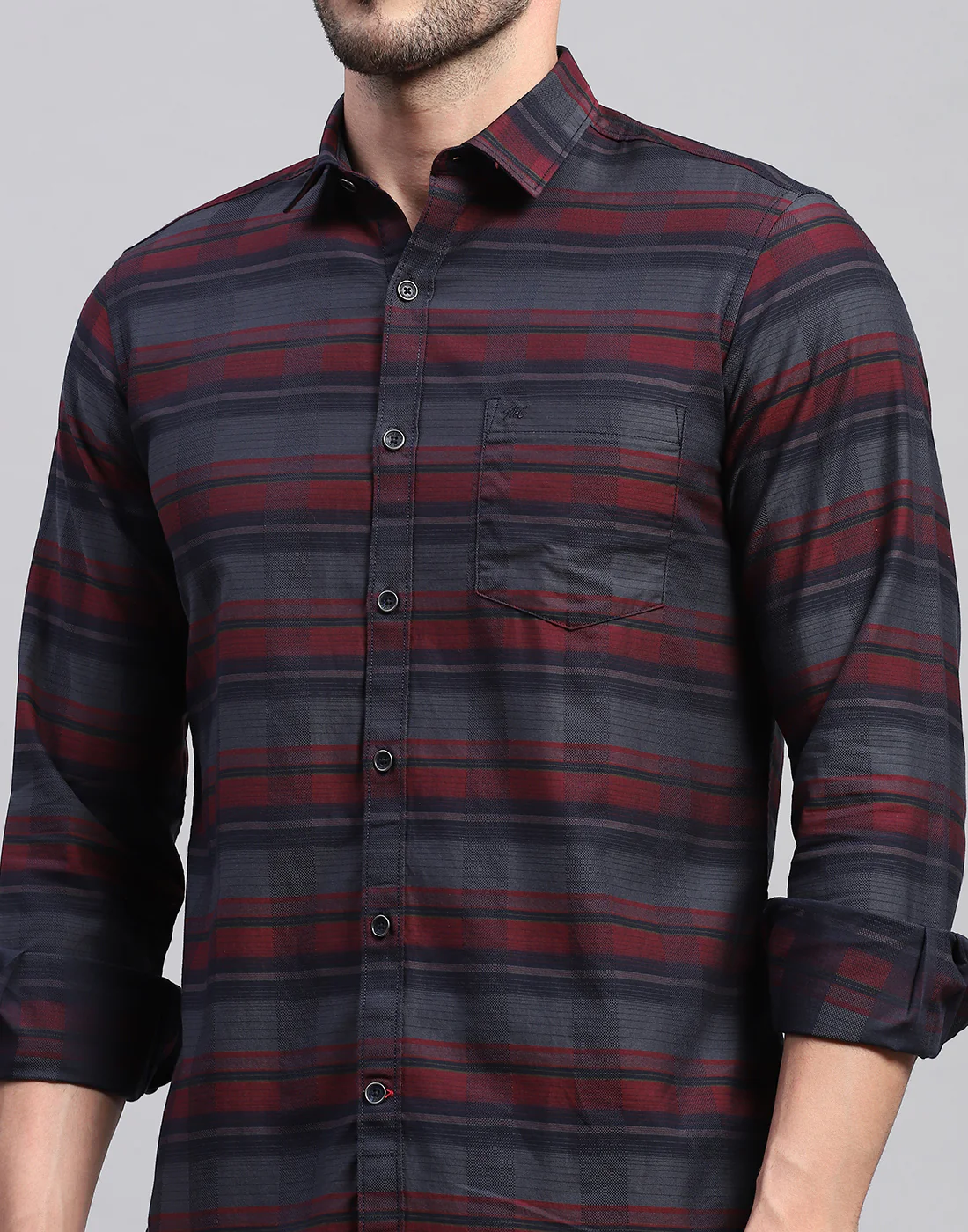 Men Maroon Check Collar Neck Full Sleeve Shirt - Image 7