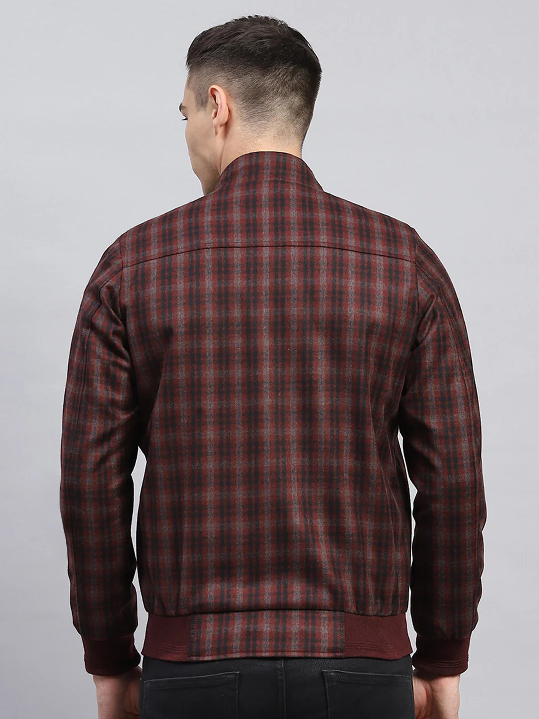 Men Maroon Check Mock Neck Full Sleeve Coat - Image 5
