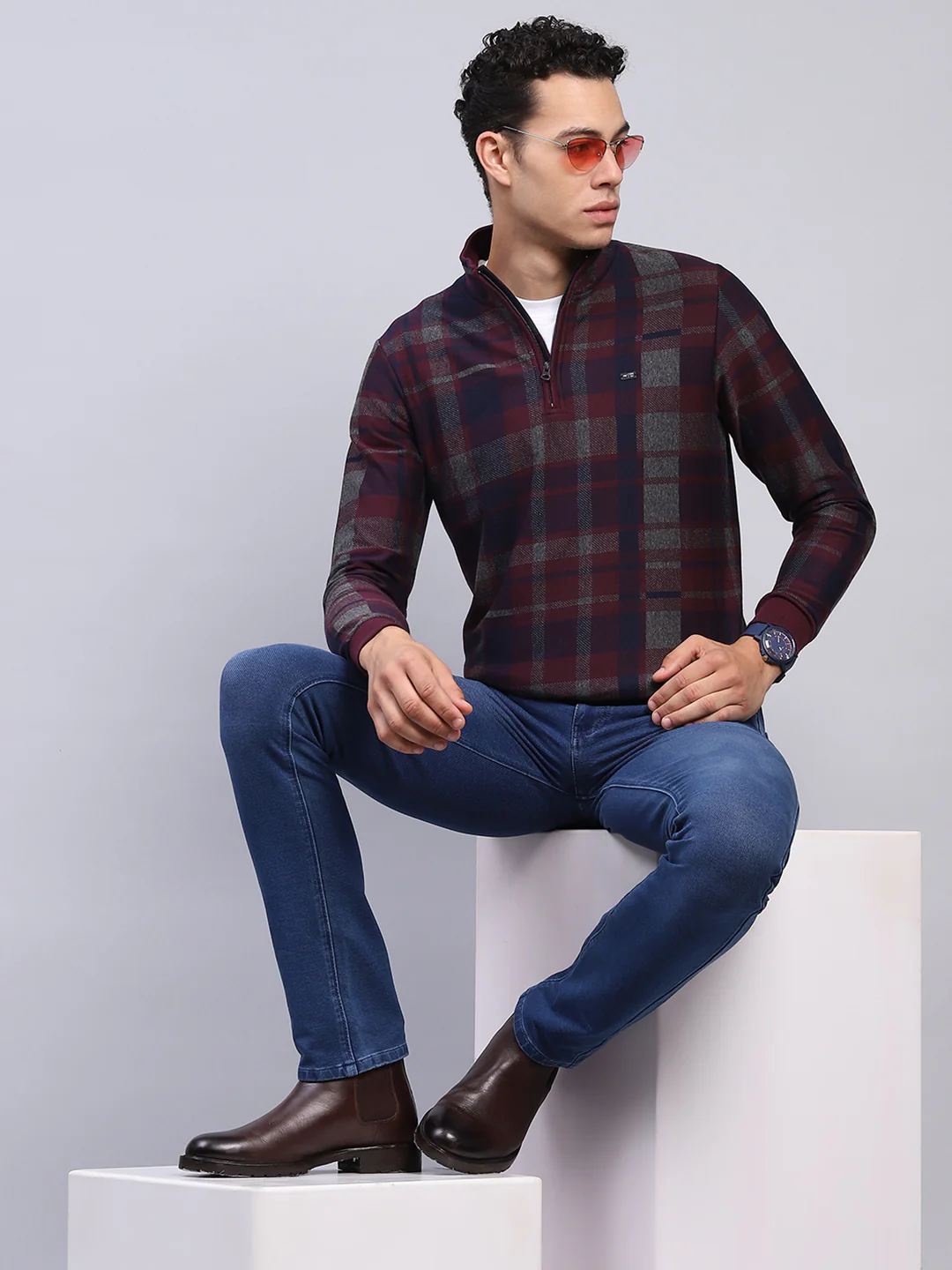 Men Maroon Check Mock Neck Full Sleeve Winter T-Shirt - Image 2