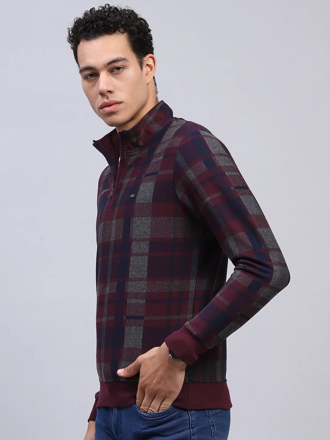 Men Maroon Check Mock Neck Full Sleeve Winter T-Shirt - Image 3