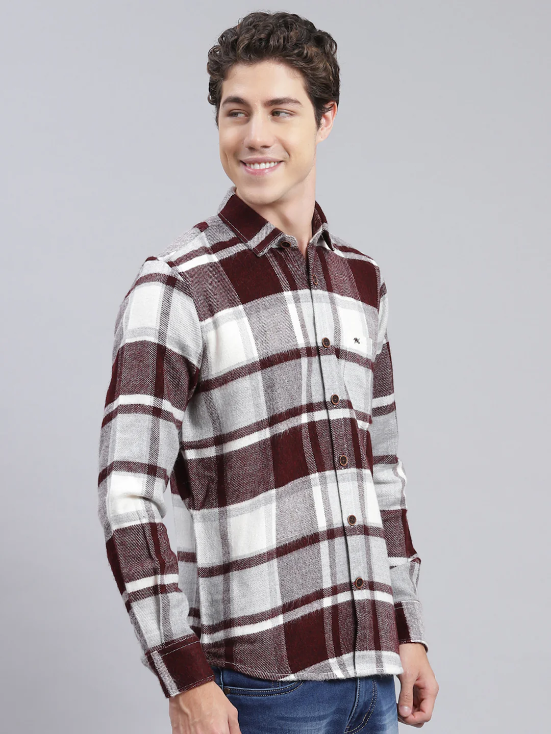 Men Maroon Check Poly Acrylic Shirt - Image 3