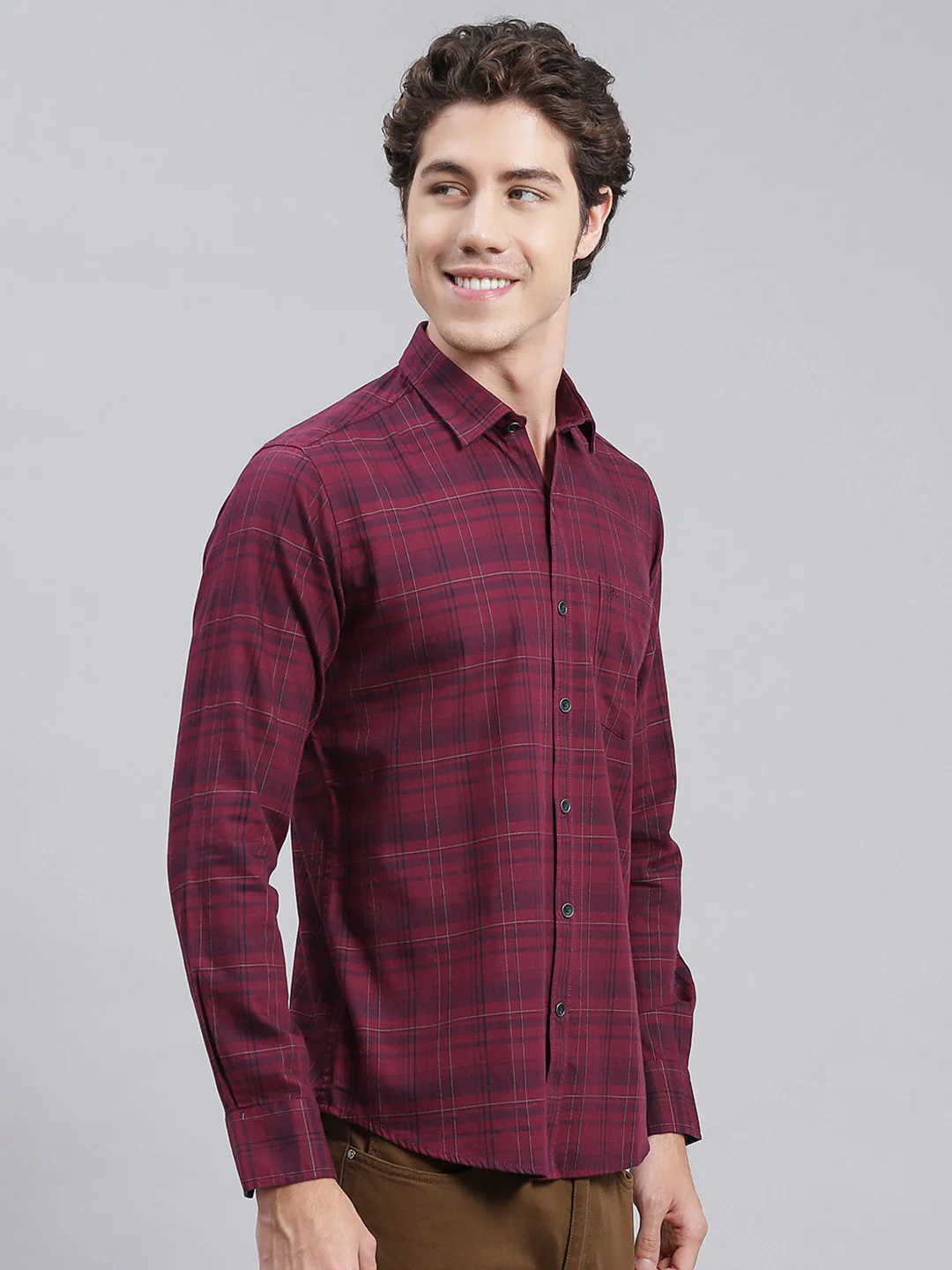 Men Maroon Check Pure Cotton Shirt - Image 3