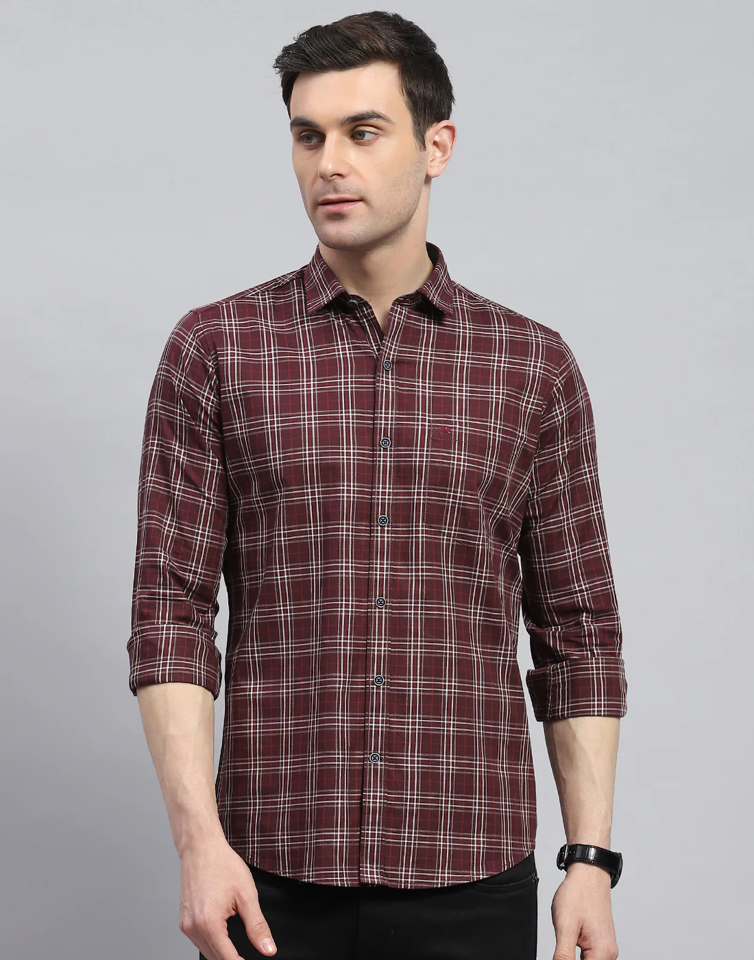 Men Maroon Check Spread Collar Full Sleeve Shirt - Image 3