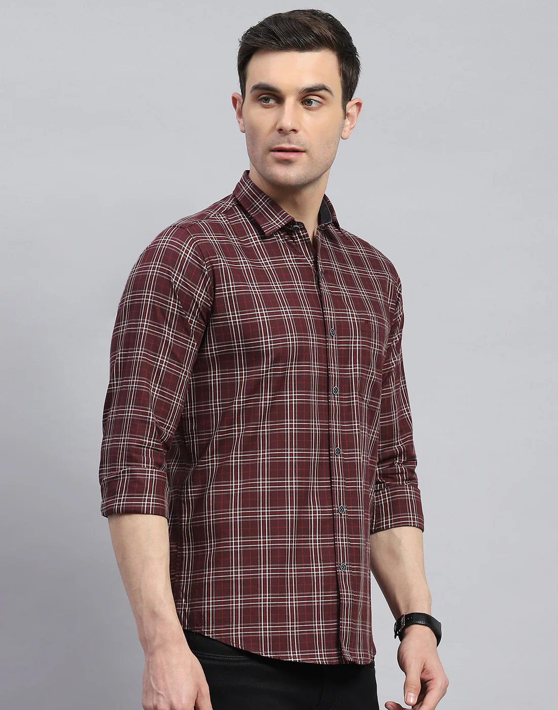 Men Maroon Check Spread Collar Full Sleeve Shirt - Image 5