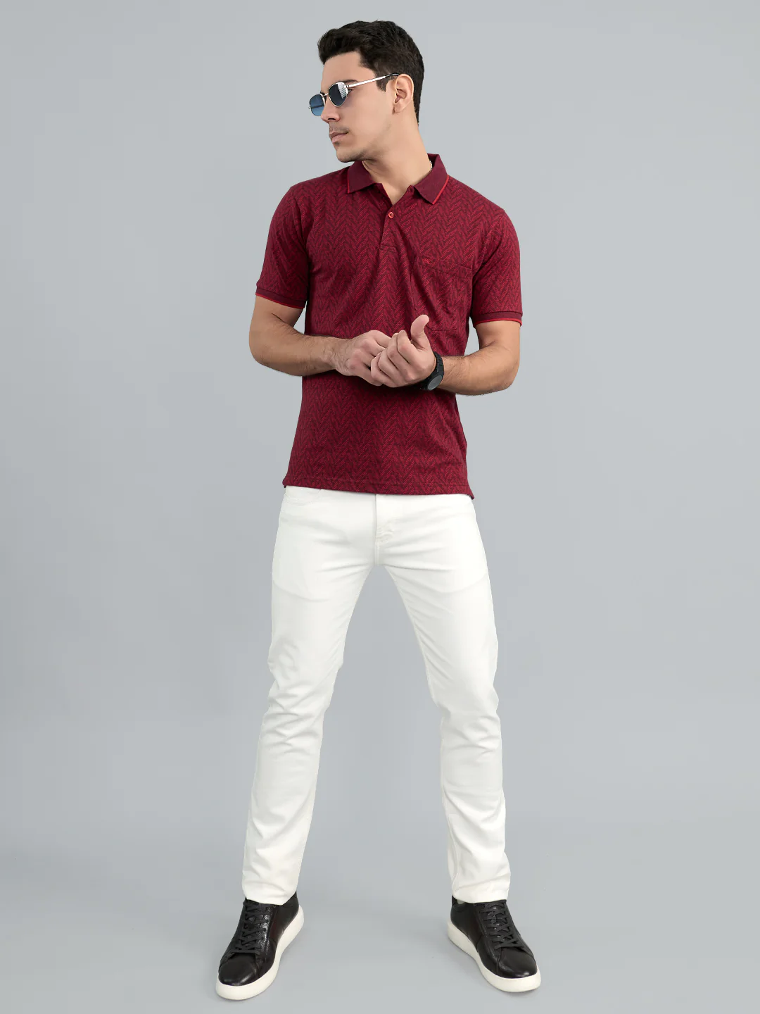 Men Maroon Chevron Polo Collar Half Sleeve T-Shirt - Image 6
