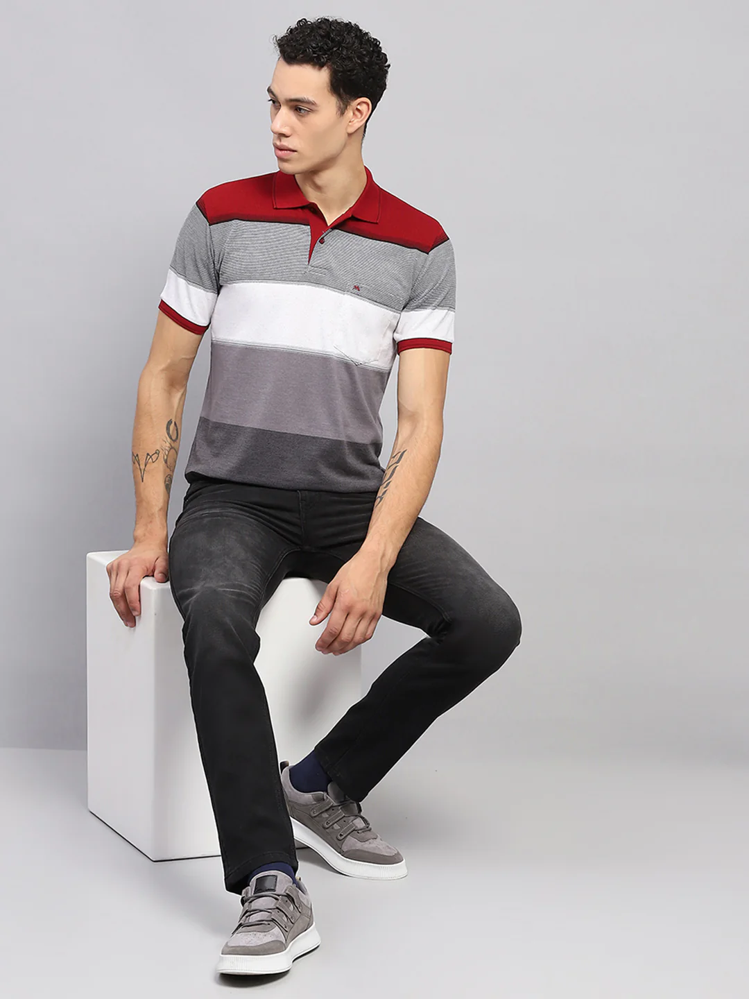 Men Maroon & Grey Stripe Collar Half Sleeve T-Shirt - Image 2
