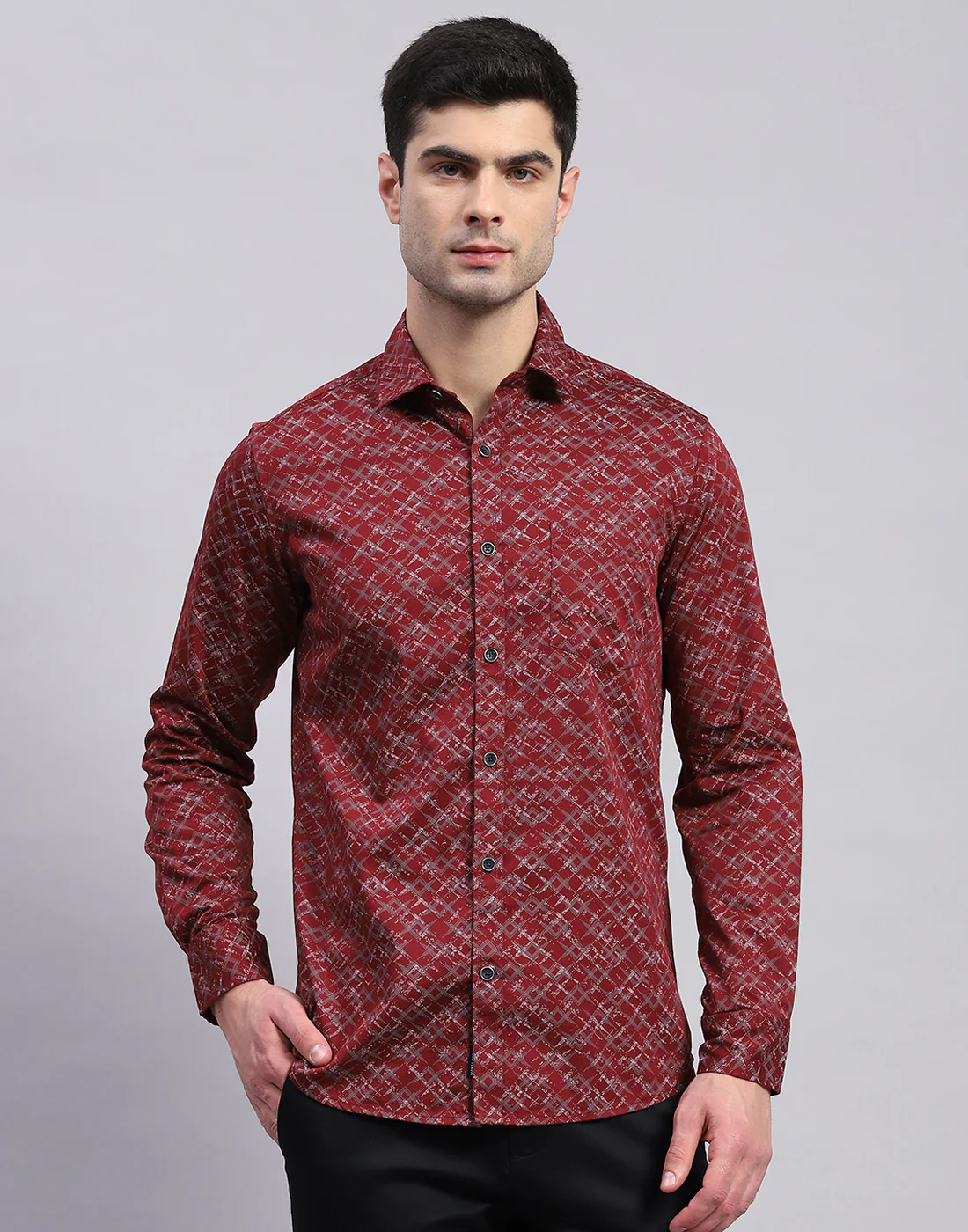 Men Maroon Printed Collar Full Sleeve Shirt - Image 3