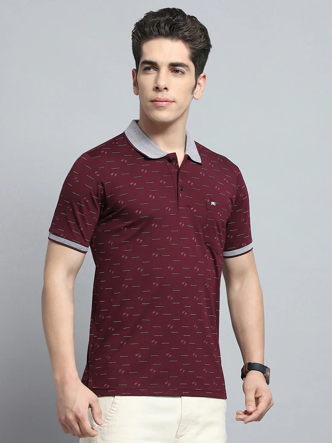 Men Maroon Printed Collar Half Sleeve T-Shirt - Image 4