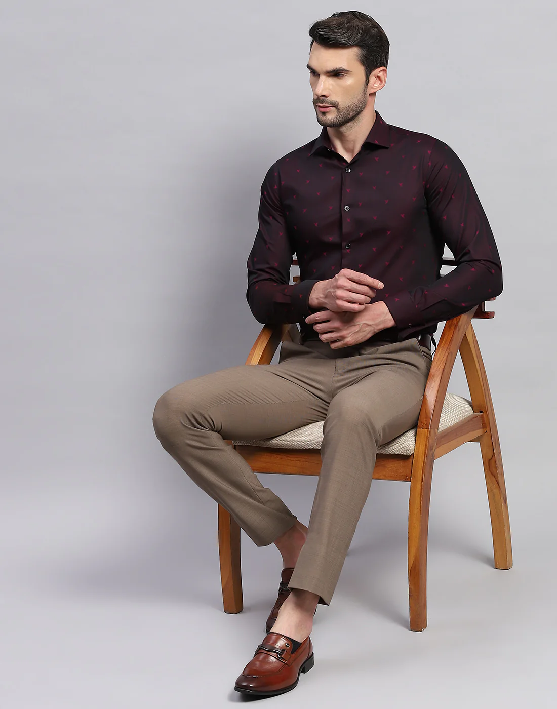 Men Maroon Printed Collar Neck Full Sleeve Shirt - Image 2